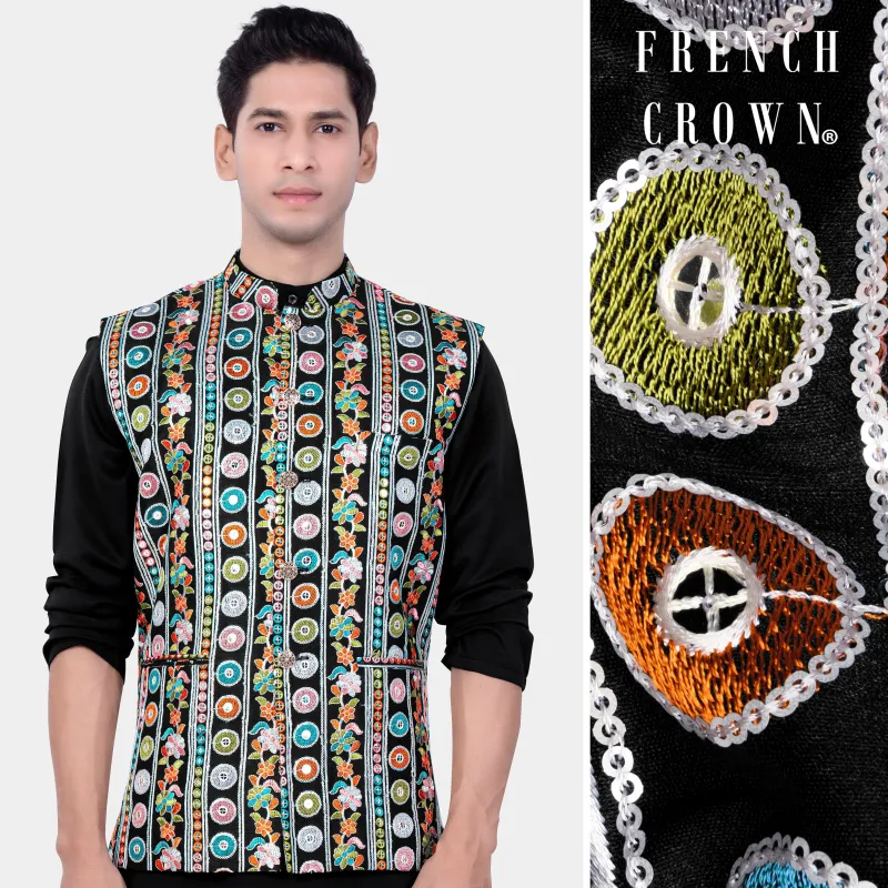 Jade Black And Rose Pink Multicolour Thread Embroidered Nehru Jacket sold by French Crown