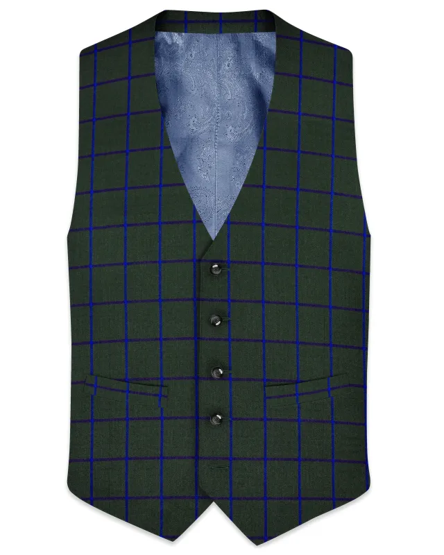 Kombu Green Checkered Wool Rich Waistcoat sold by French Crown