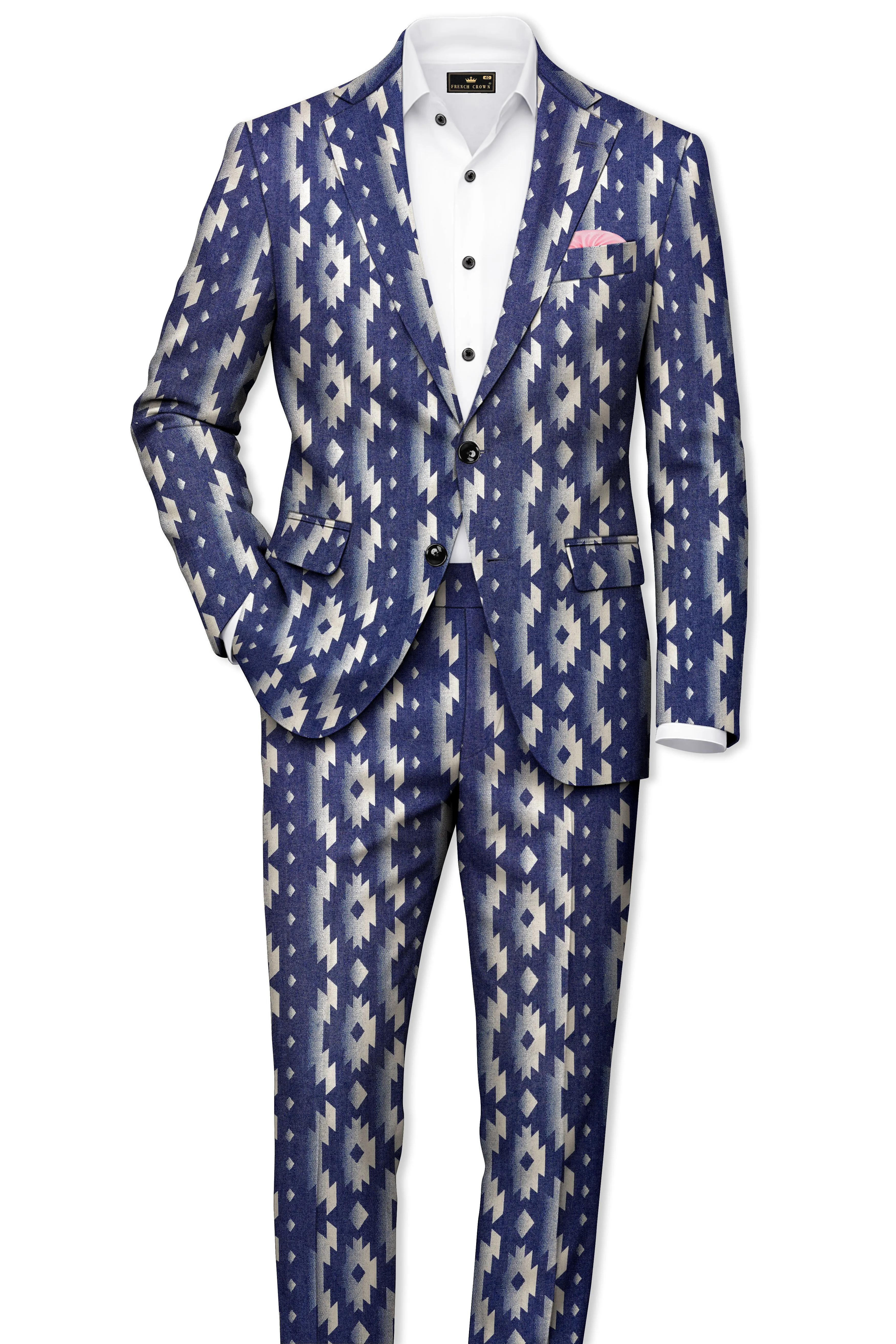 Gunmetal Blue with Nobel Cream Iktat Printed Denim Premium Cotton Designer Suit sold by French Crown product image thumbnail 4