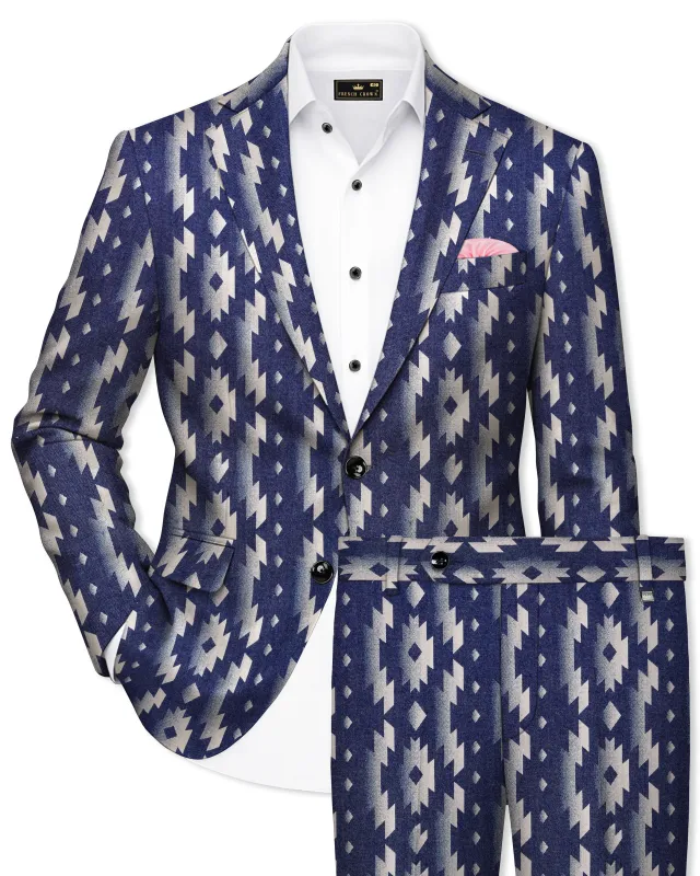 Gunmetal Blue with Nobel Cream Iktat Printed Denim Premium Cotton Designer Suit sold by French Crown