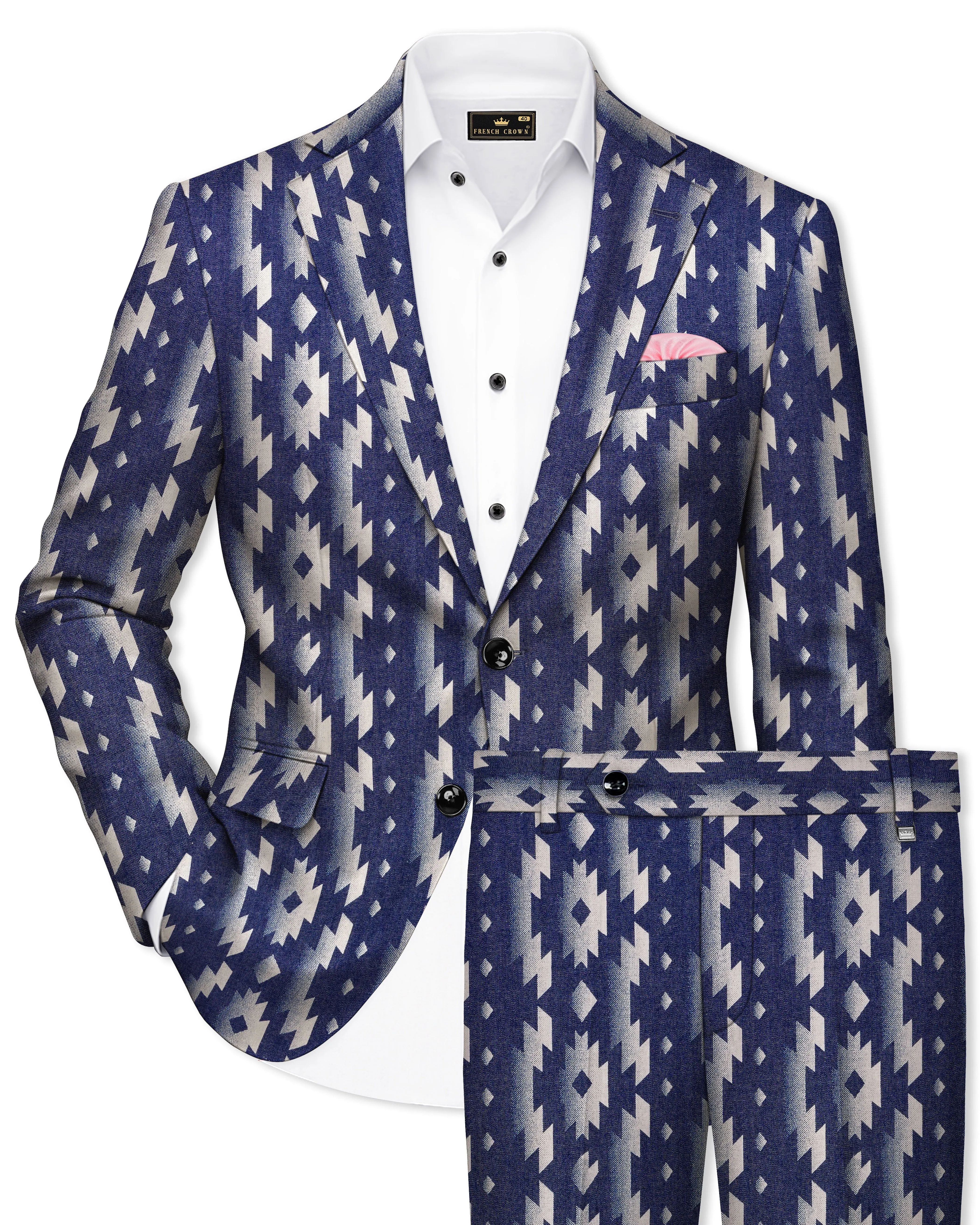 Gunmetal Blue with Nobel Cream Iktat Printed Denim Premium Cotton Designer Suit sold by French Crown