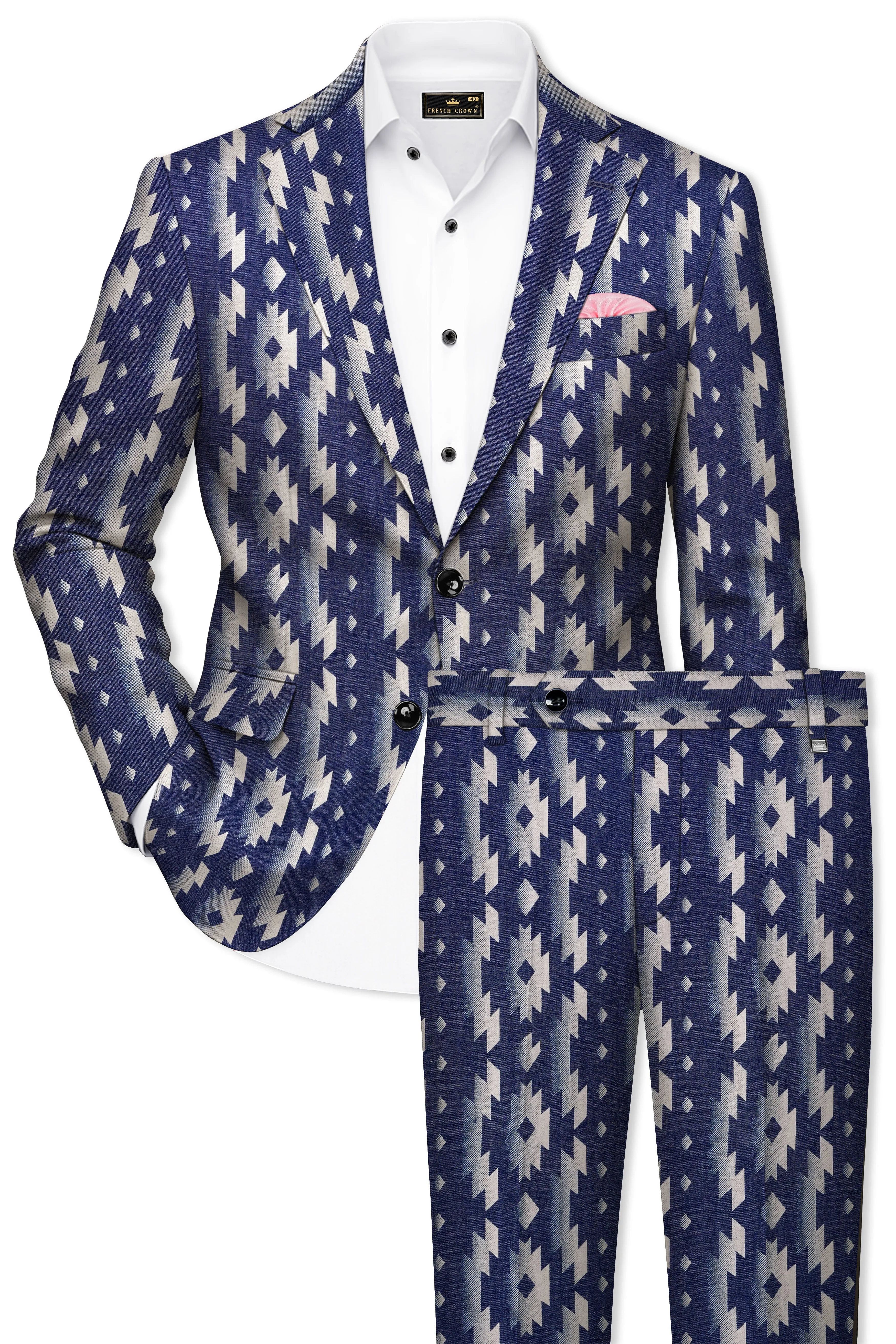 Gunmetal Blue with Nobel Cream Iktat Printed Denim Premium Cotton Designer Suit sold by French Crown product image thumbnail 2
