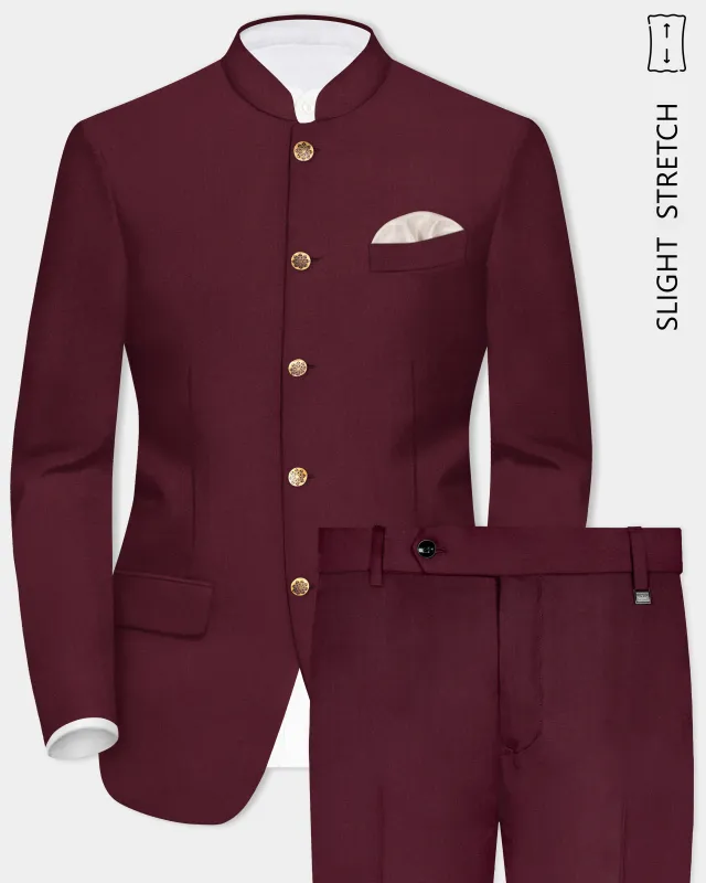 Merlot-Wine Berry Solid Wool Rich Bandhgala Slight Stretch Suit sold by French Crown