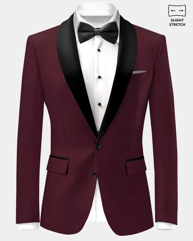 Merlot-Wine Berry Solid Wool Rich Tuxedo Slight Stretch Blazer sold by French Crown
