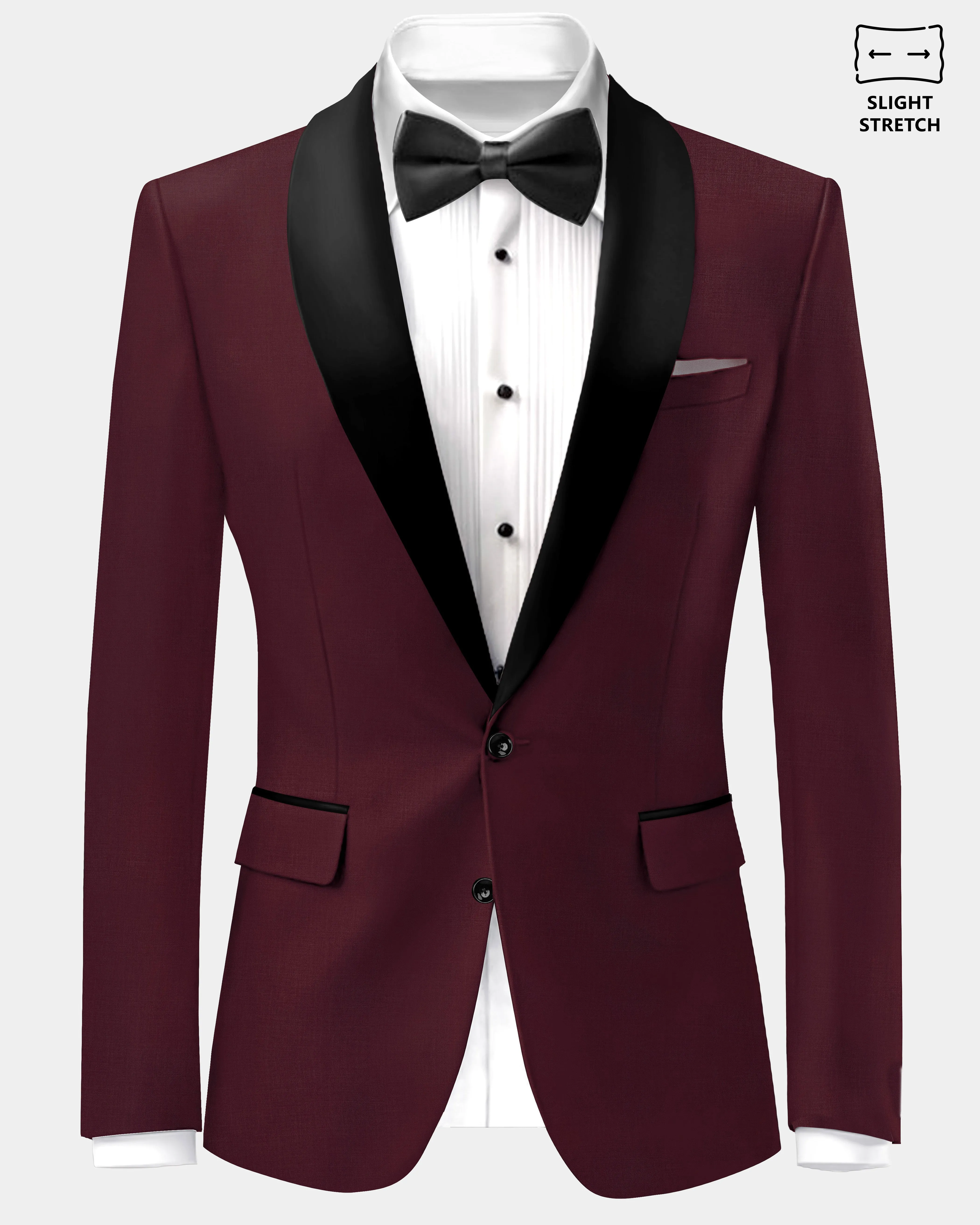 Merlot-Wine Berry Solid Wool Rich Tuxedo Slight Stretch Blazer sold by French Crown