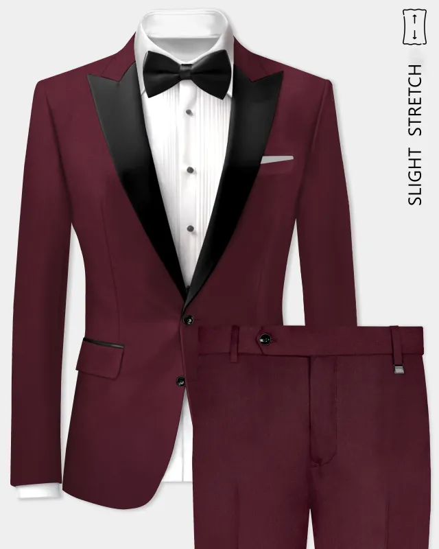 Merlot-Wine Berry Solid Wool Rich Peak Lapel Tuxedo Slight Stretch Suit sold by French Crown