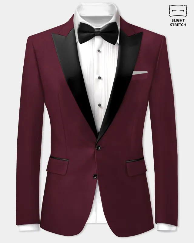 Merlot-Wine Berry Solid Wool Rich Peak Lapel Tuxedo Slight Stretch Blazer sold by French Crown
