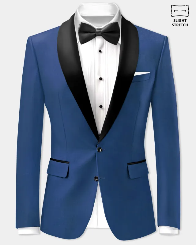 Cerulean Elite-Cobalt Blue Solid Wool Rich Tuxedo Slight Stretch Blazer sold by French Crown