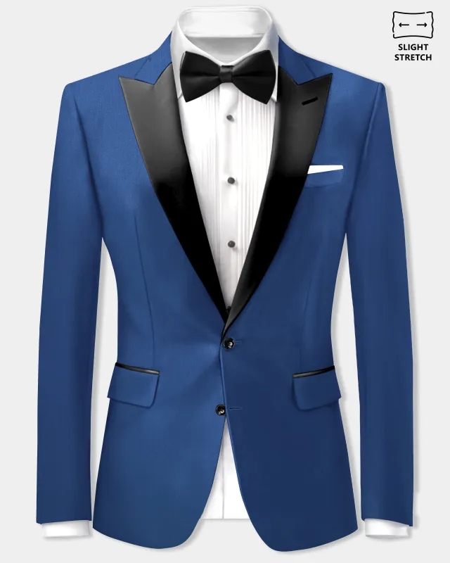 Cerulean Elite-Cobalt Blue Solid Wool Rich Peak Lapel Tuxedo Slight Stretch Blazer made by French Crown