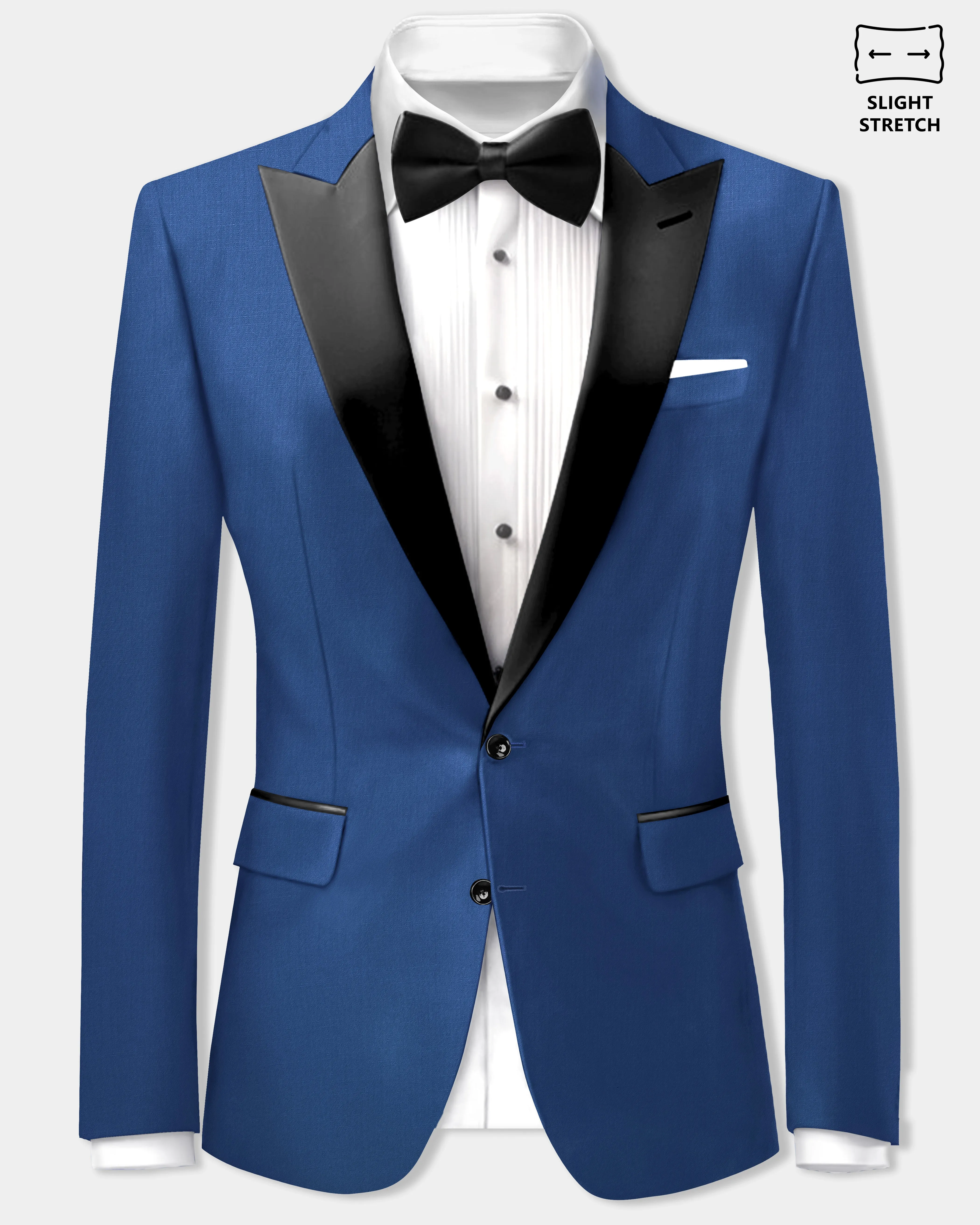Cerulean Elite-Cobalt Blue Solid Wool Rich Peak Lapel Tuxedo Slight Stretch Blazer sold by French Crown