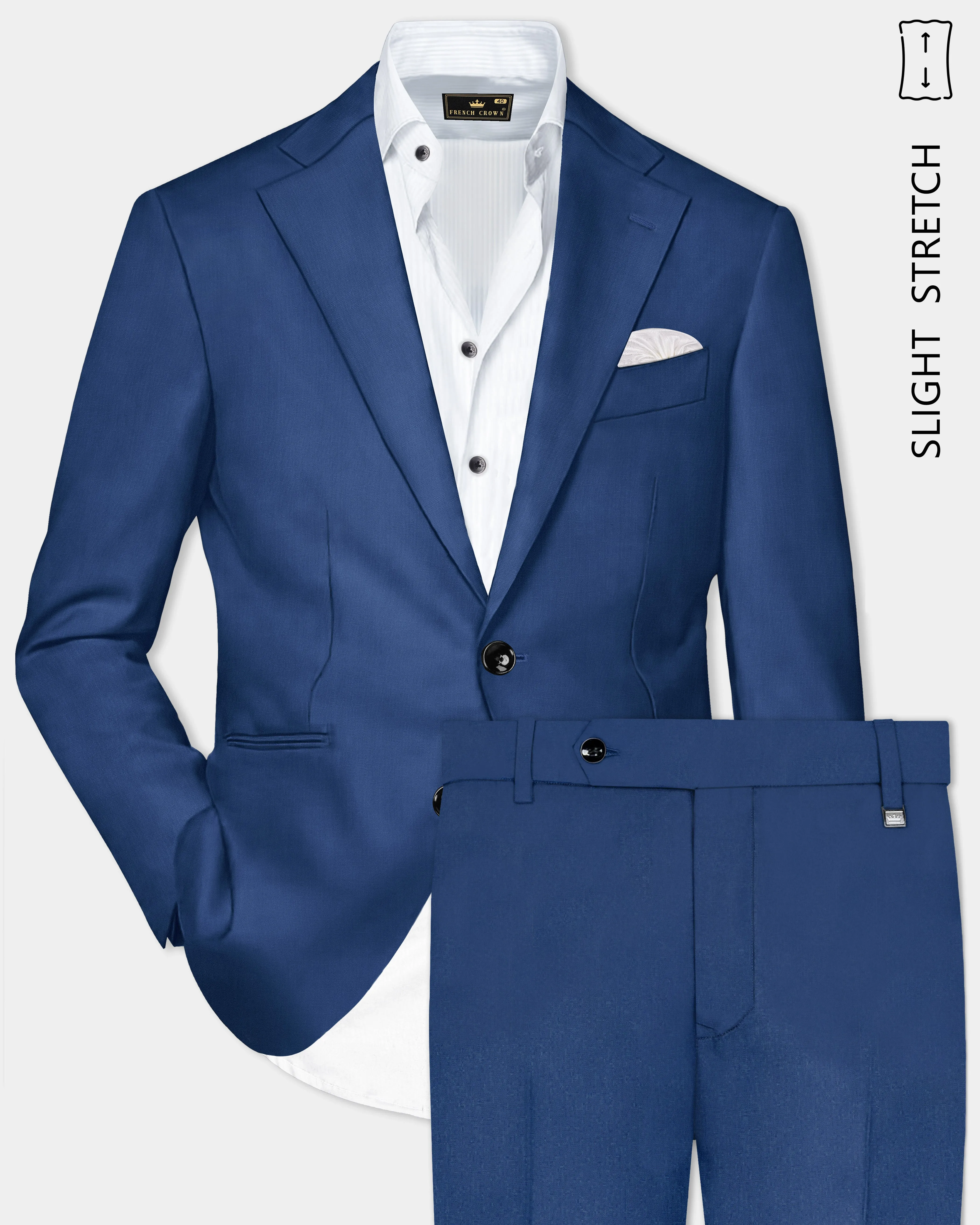 Cerulean Elite-Cobalt Blue Solid Wool Rich Single Breasted Slight Stretch Suit sold by French Crown