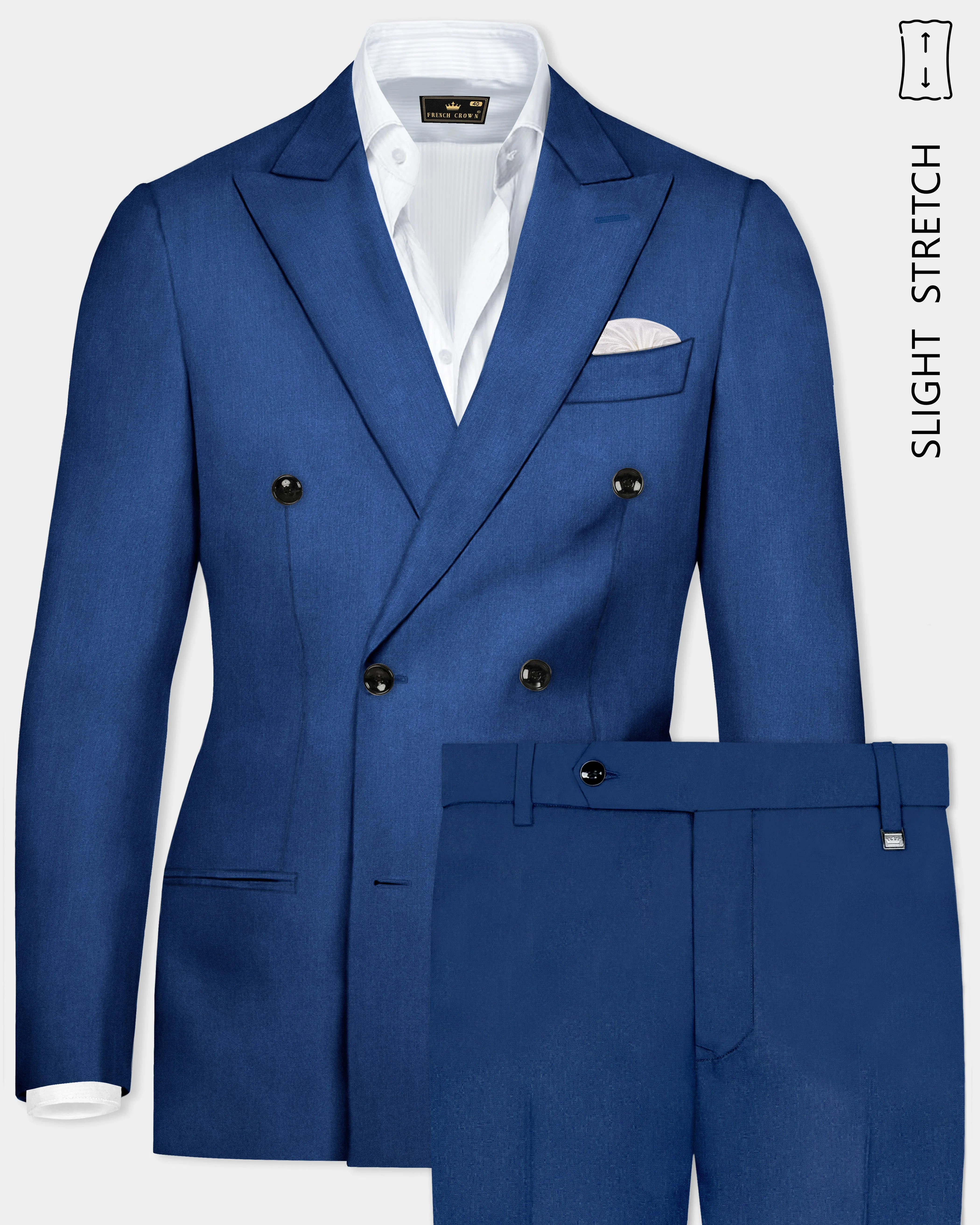 Cerulean Elite-Cobalt Blue Solid Wool Rich Double Breasted Slight Stretch Suit sold by French Crown