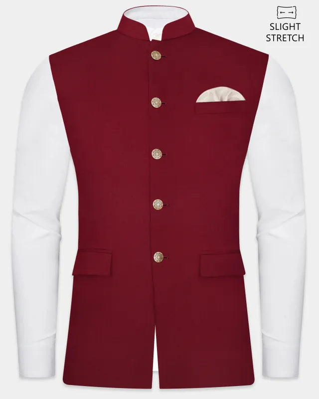 CrimsonAce-Cherry Red Solid Wool Rich Slight Stretch Nehru Jacket sold by French Crown
