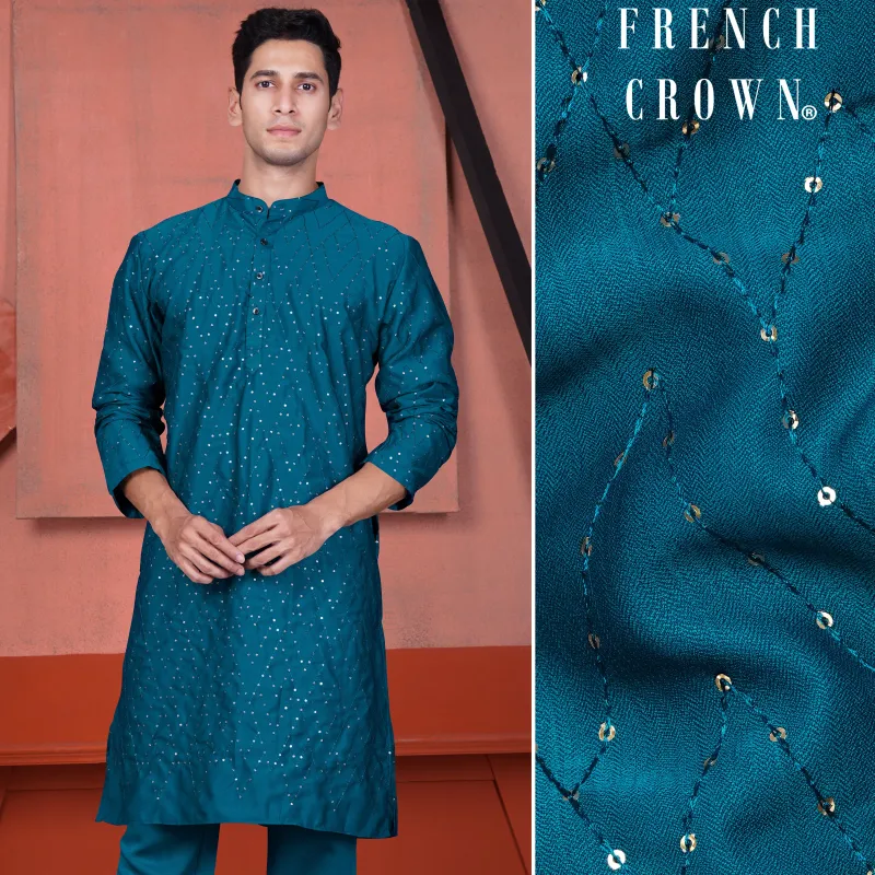 Venice Blue Embroidered Viscose Designer Tikki Work Kurta sold by French Crown