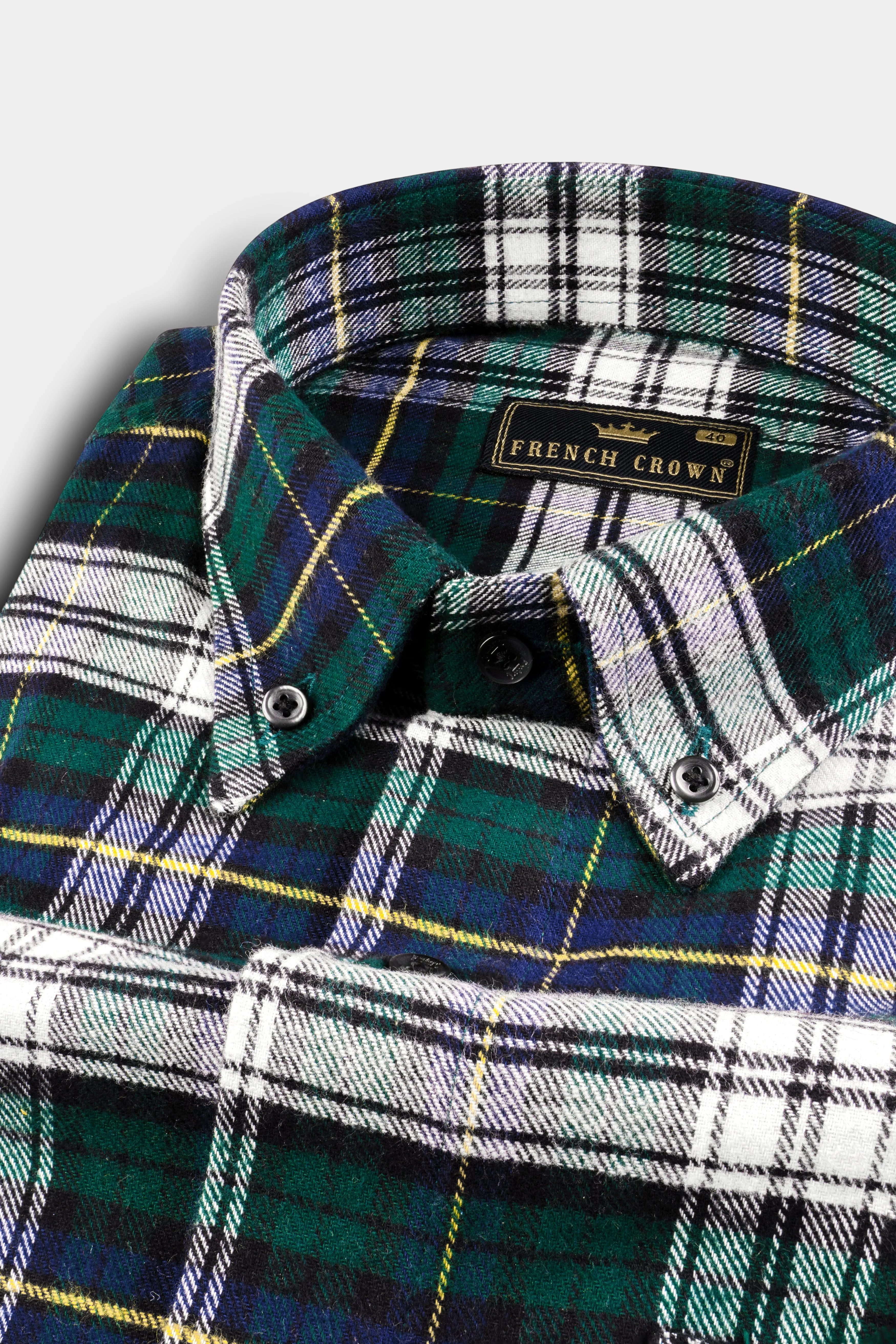 Bright White with Spruce Green Heavyweight Plaid Flannel Shirt sold by French Crown
