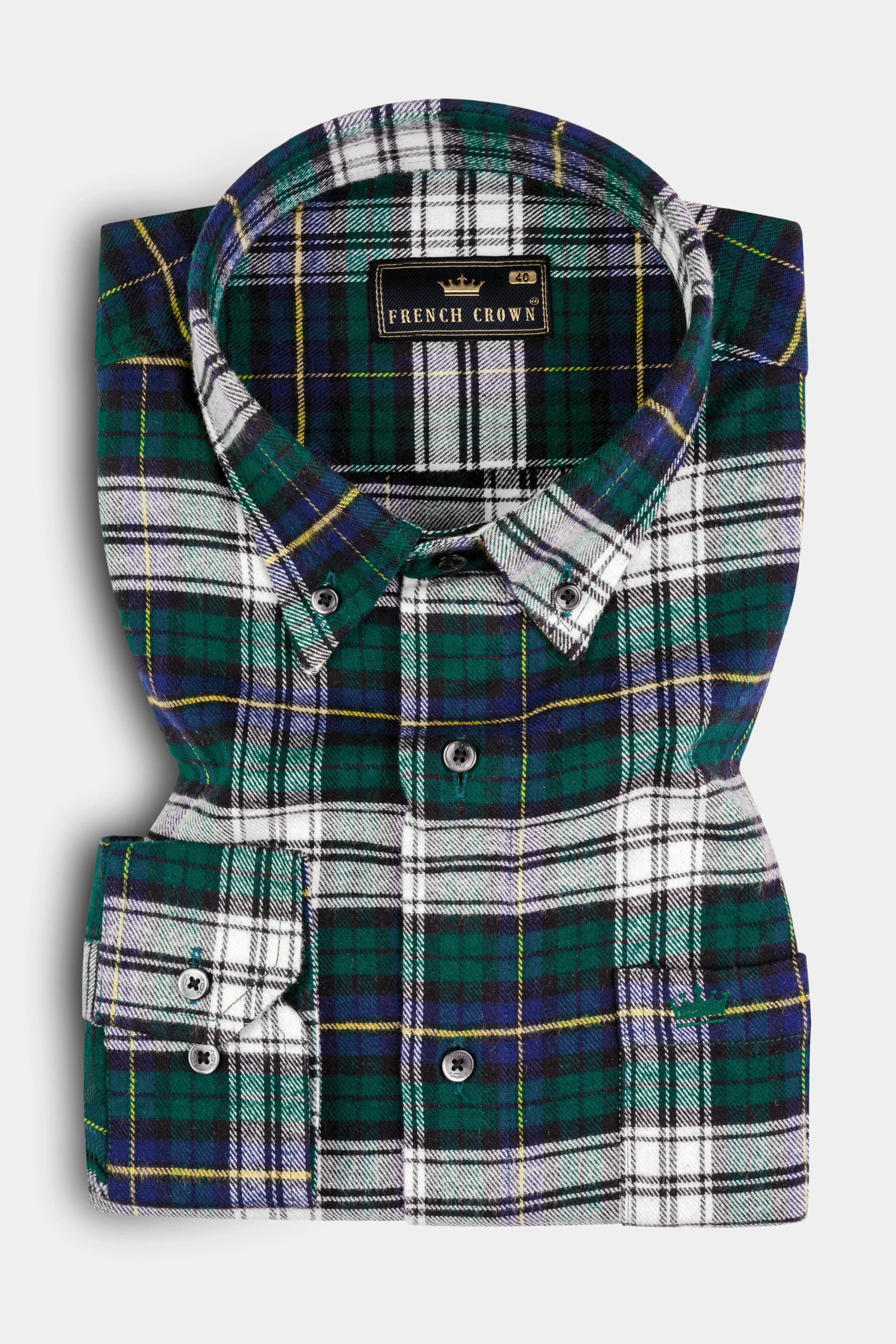 Bright White with Spruce Green Heavyweight Plaid Flannel Shirt sold by French Crown product image thumbnail 3