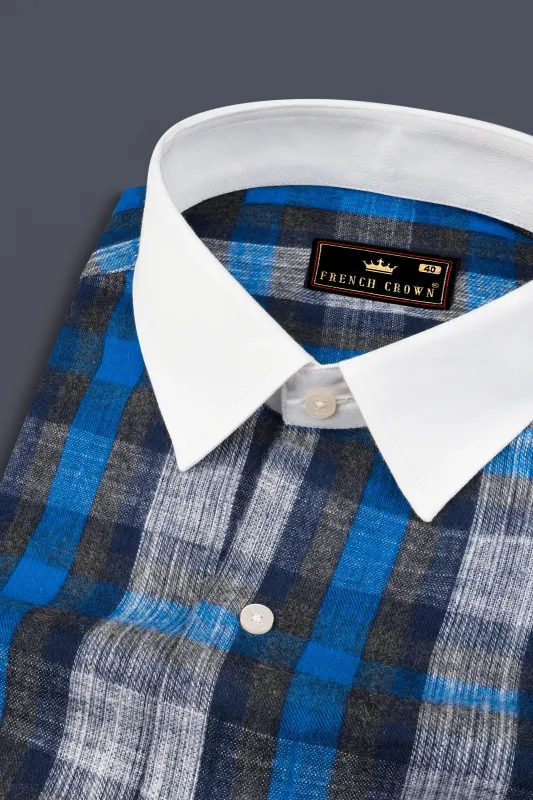 Alabaster White with Denim Blue Plaid Brushed Flannel Shirt sold by French Crown