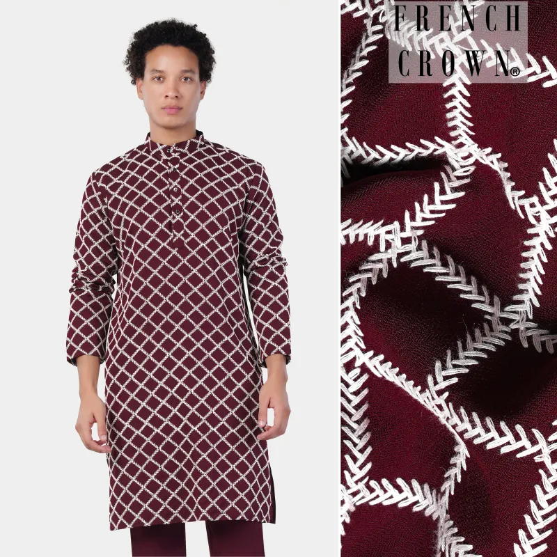 Aubergine Maroon and White Geometric Pattern Thread Embroidered Subtle Sheen Viscose Designer Kurta sold by French Crown