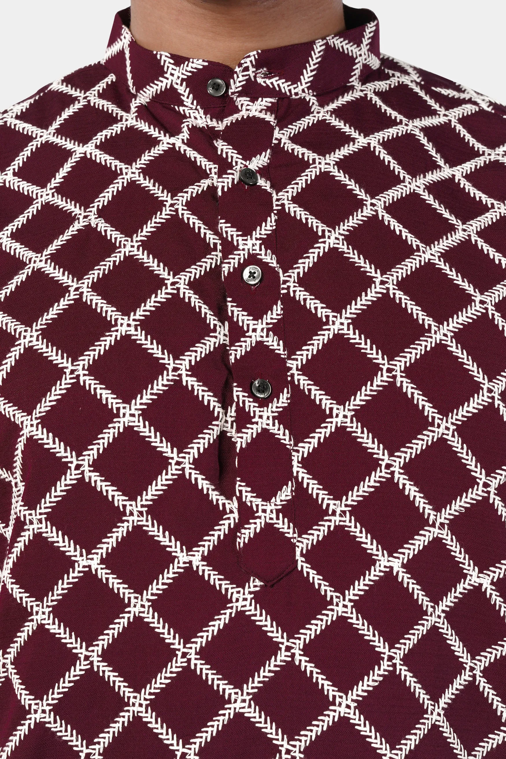 Aubergine Maroon and White Geometric Pattern Thread Embroidered Subtle Sheen Viscose Designer Kurta sold by French Crown product image thumbnail 4