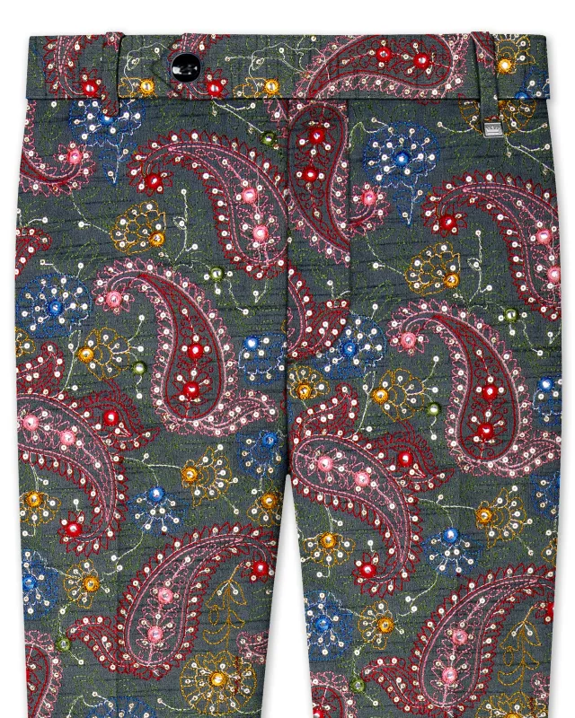 Paisora-Nickel Gray and Brink Pink Paisley Cotton Thread Embroidered Designer&nbsp;Stretchable Waistband Pant sold by French Crown