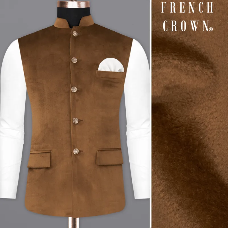 Nutmeg Brown Premium Velvet Designer Nehru Jacket sold by French Crown
