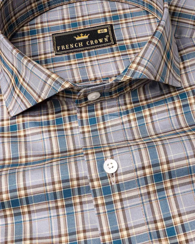 Grey with Marine Blue Twill Plaid Premium Cotton Shirt sold by French Crown