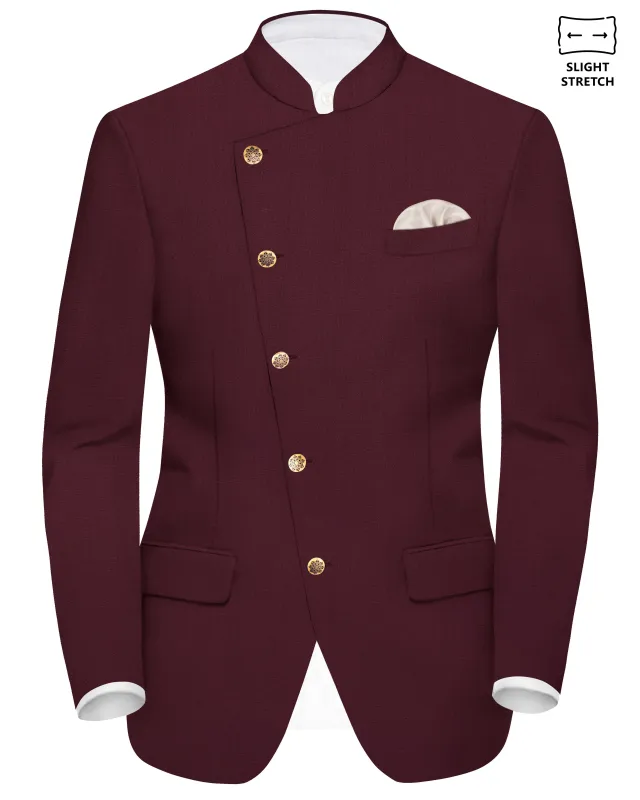 Merlot-Wine Berry Solid Wool Rich Cross Placket Bandhgala Slight Stretch Blazer sold by French Crown