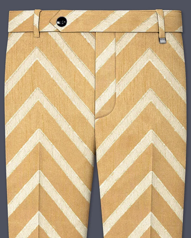Zigvara-Antique Brown and Merino Cream Zig Zag Cotton Thread Embroidered Designer Stretchable Waistband Pant sold by French Crown