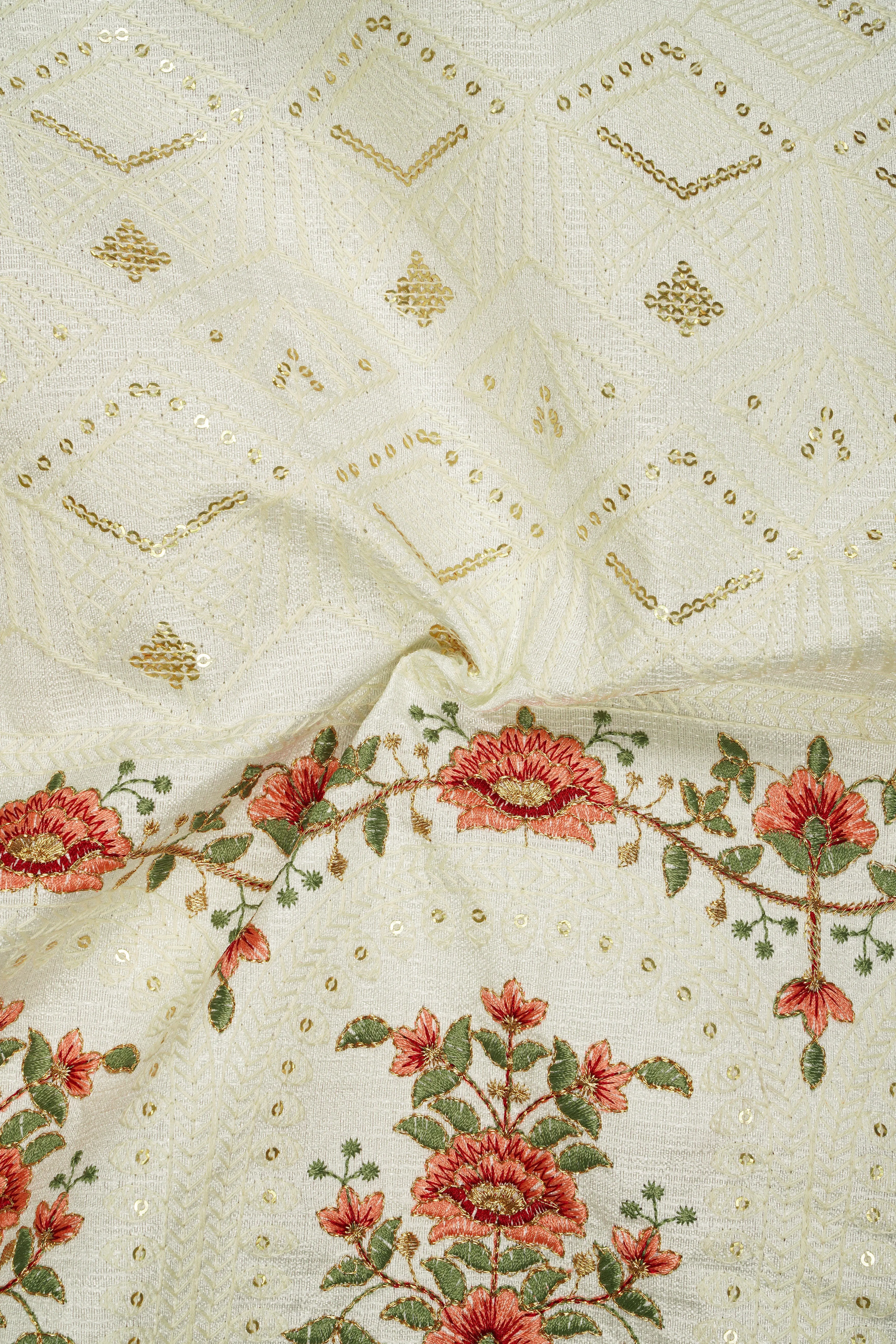 Ivrosa-Porcelain Cream and Apricot Peach Multicolour Thread and Sequin Embroidered Designer Tuxedo Suit sold by French Crown product image thumbnail 3