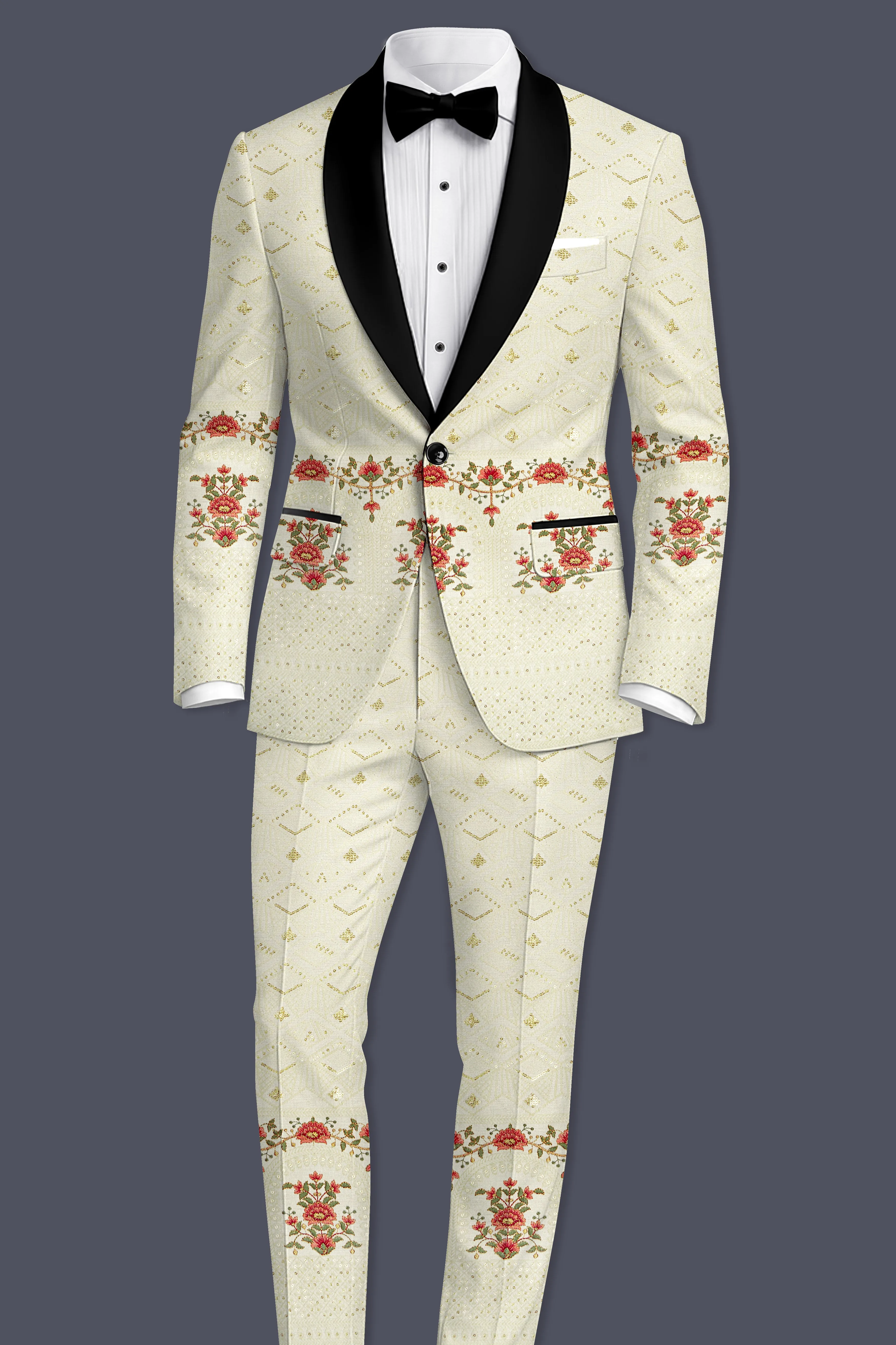 Ivrosa-Porcelain Cream and Apricot Peach Multicolour Thread and Sequin Embroidered Designer Tuxedo Suit sold by French Crown product image thumbnail 4