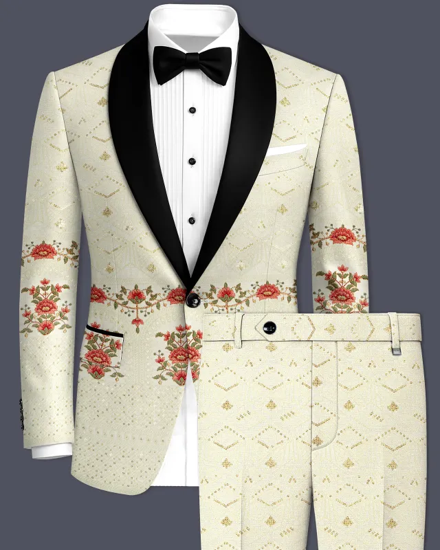 Ivrosa-Porcelain Cream and Apricot Peach Multicolour Thread and Sequin Embroidered Designer Tuxedo Suit made by French Crown