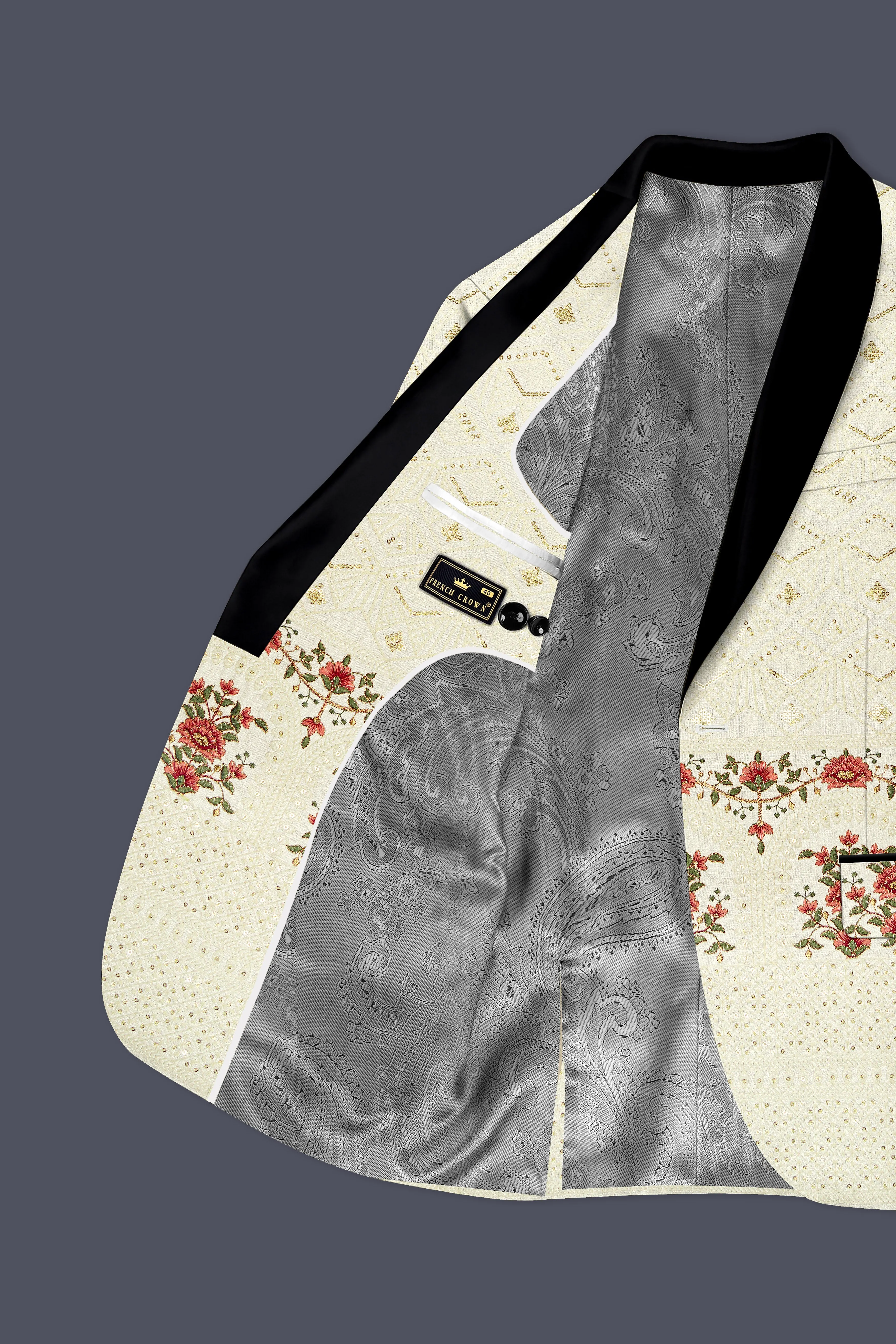 Ivrosa-Porcelain Cream and Apricot Peach Multicolour Thread and Sequin Embroidered Designer Tuxedo Suit sold by French Crown product image thumbnail 5