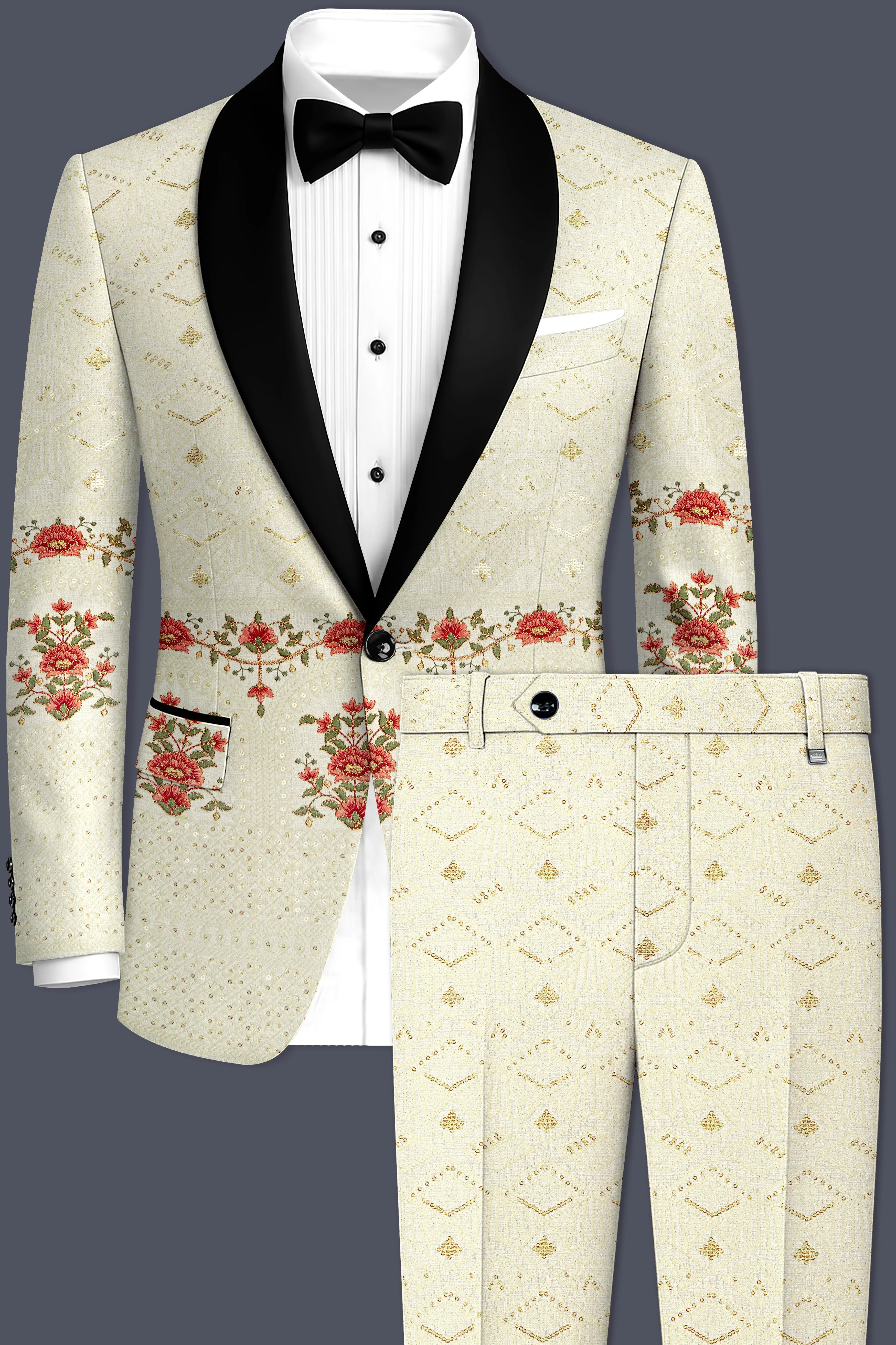 Ivrosa-Porcelain Cream and Apricot Peach Multicolour Thread and Sequin Embroidered Designer Tuxedo Suit sold by French Crown product image thumbnail 2