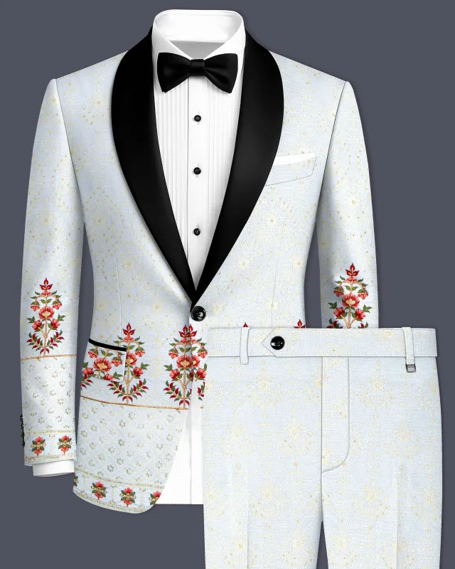 Rosavon-Merino Cream and Merlot Red Multicolour Thread and Sequin Embroidered Designer Tuxedo Suit sold by French Crown