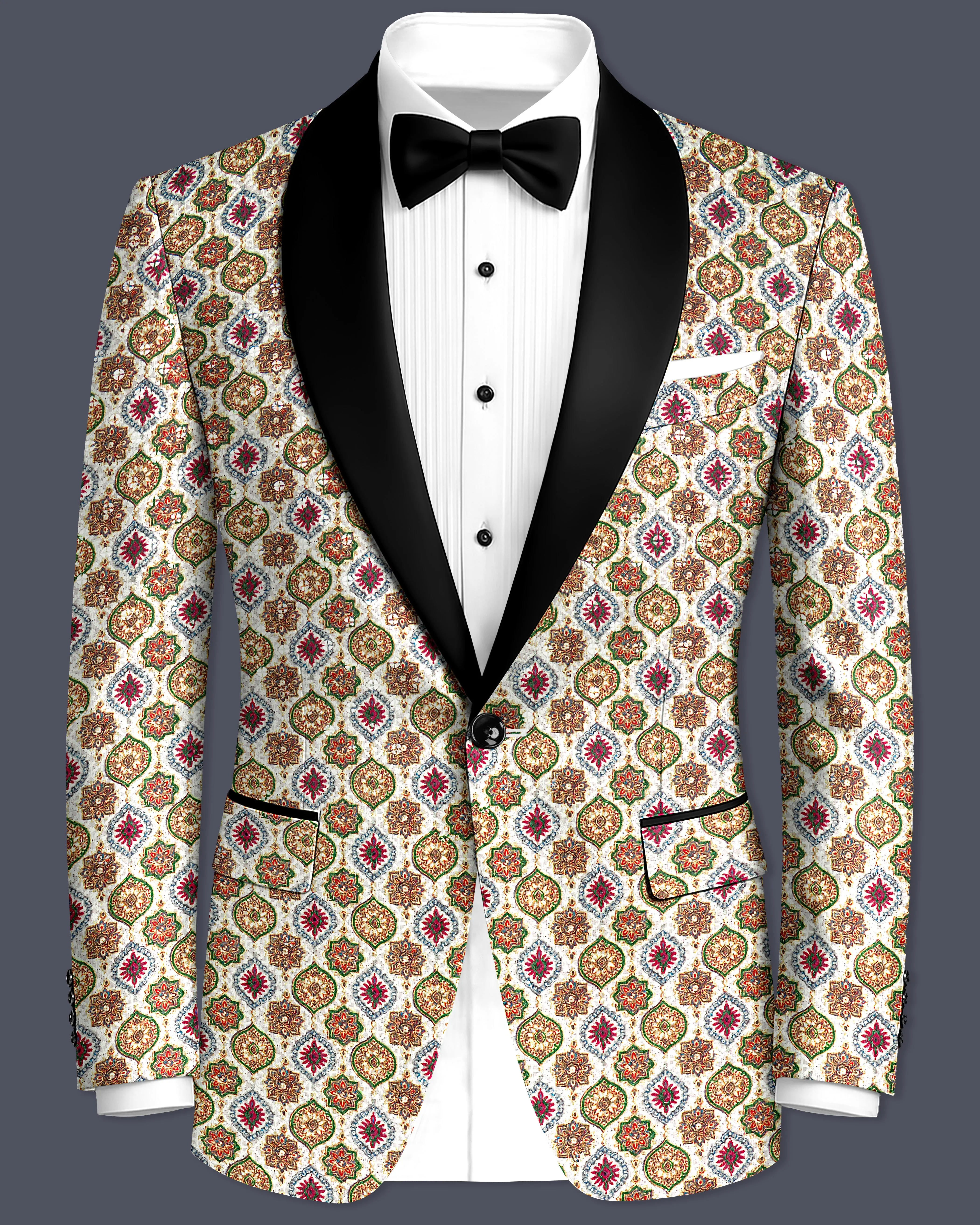 Alvesso-Bright White And Spruce Green Embroidered Designer Tuxedo Blazer sold by French Crown