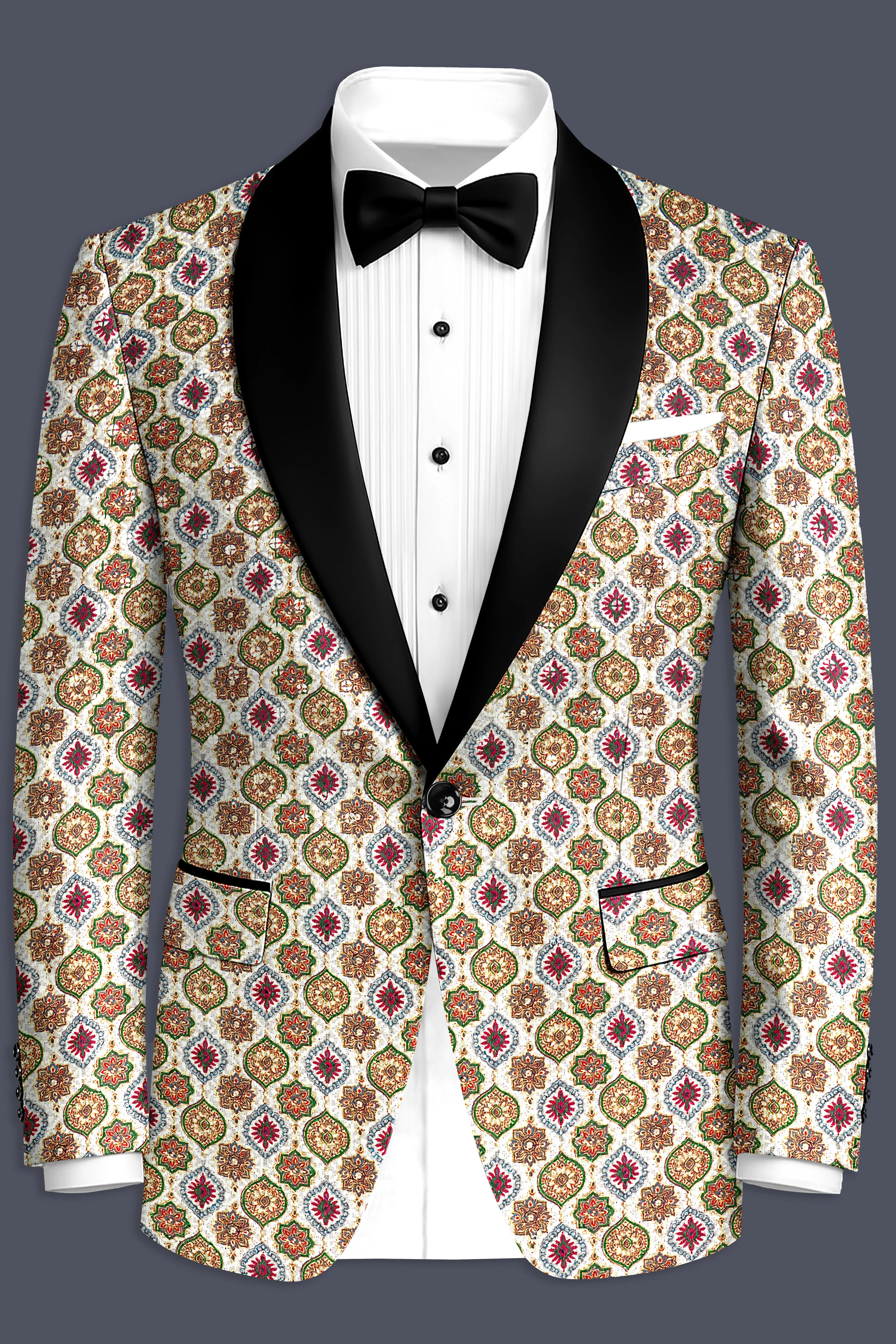 Alvesso-Bright White And Spruce Green Embroidered Designer Tuxedo Blazer sold by French Crown product image thumbnail 2