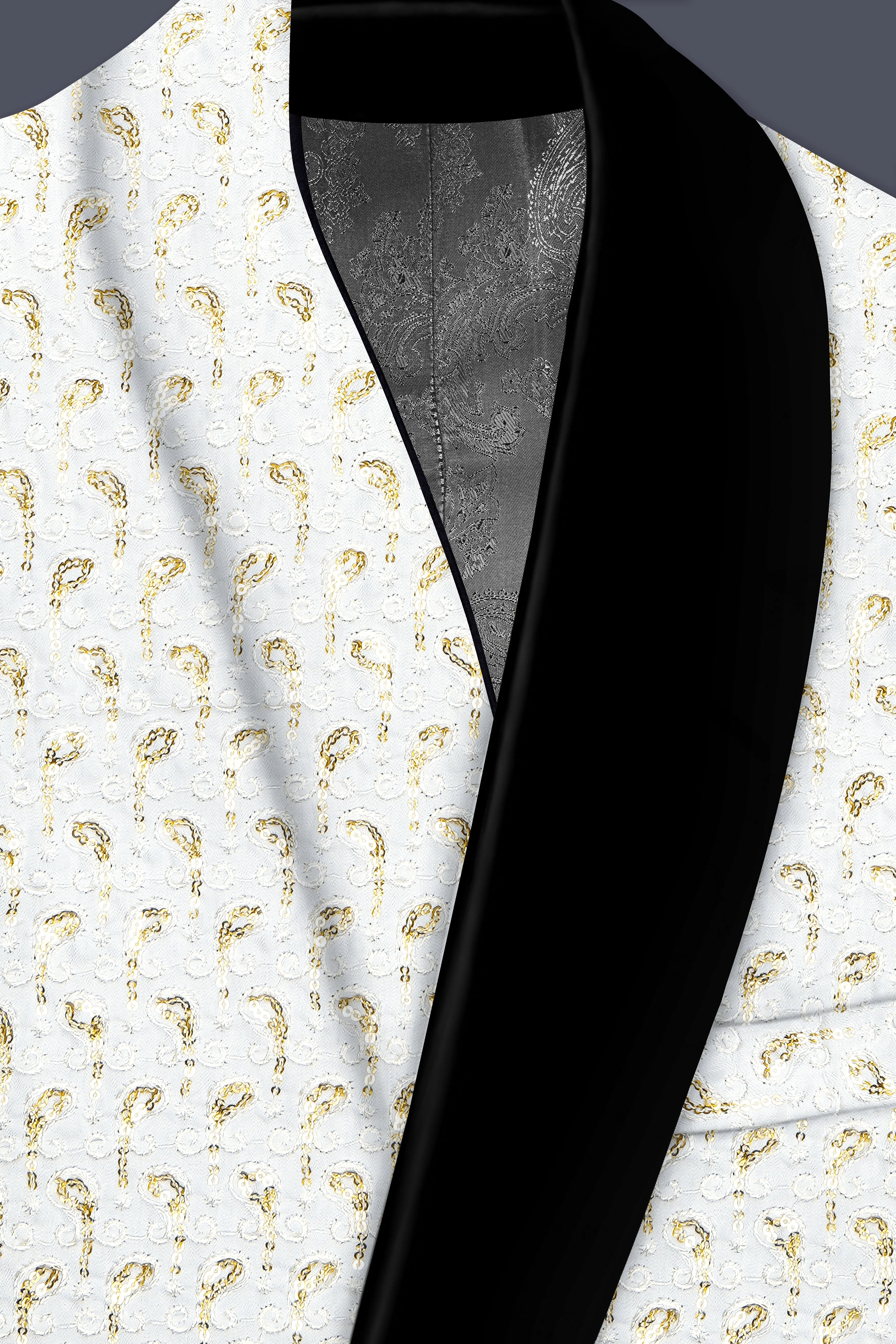 Sequenza-Bright White Leaves Pattern Sequin Embroidered Viscose Designer Tuxedo Blazer sold by French Crown product image thumbnail 4