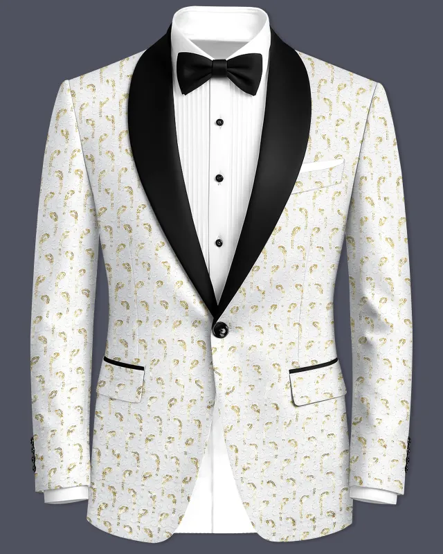 Sequenza-Bright White Leaves Pattern Sequin Embroidered Viscose Designer Tuxedo Blazer made by French Crown