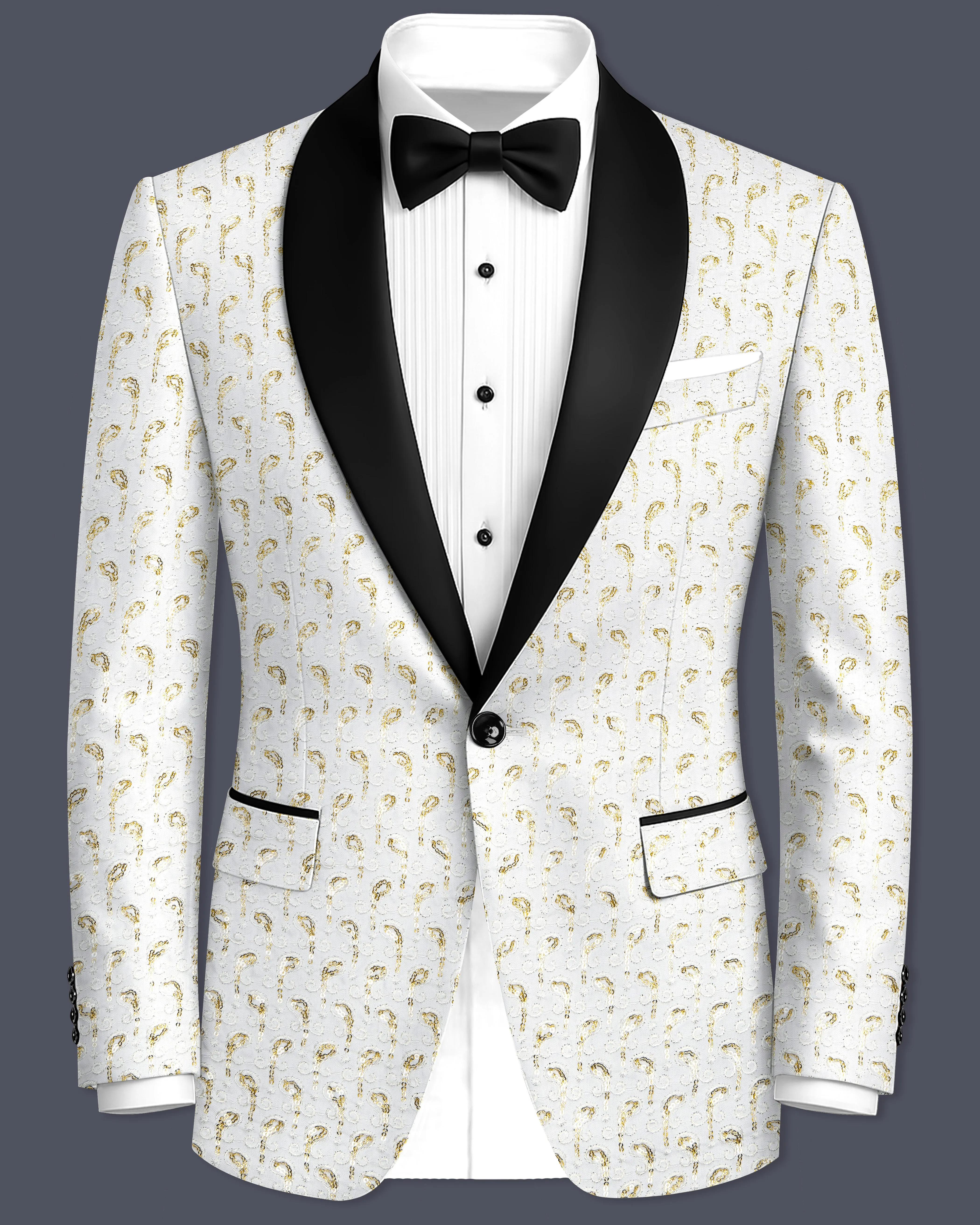 Sequenza-Bright White Leaves Pattern Sequin Embroidered Viscose Designer Tuxedo Blazer sold by French Crown