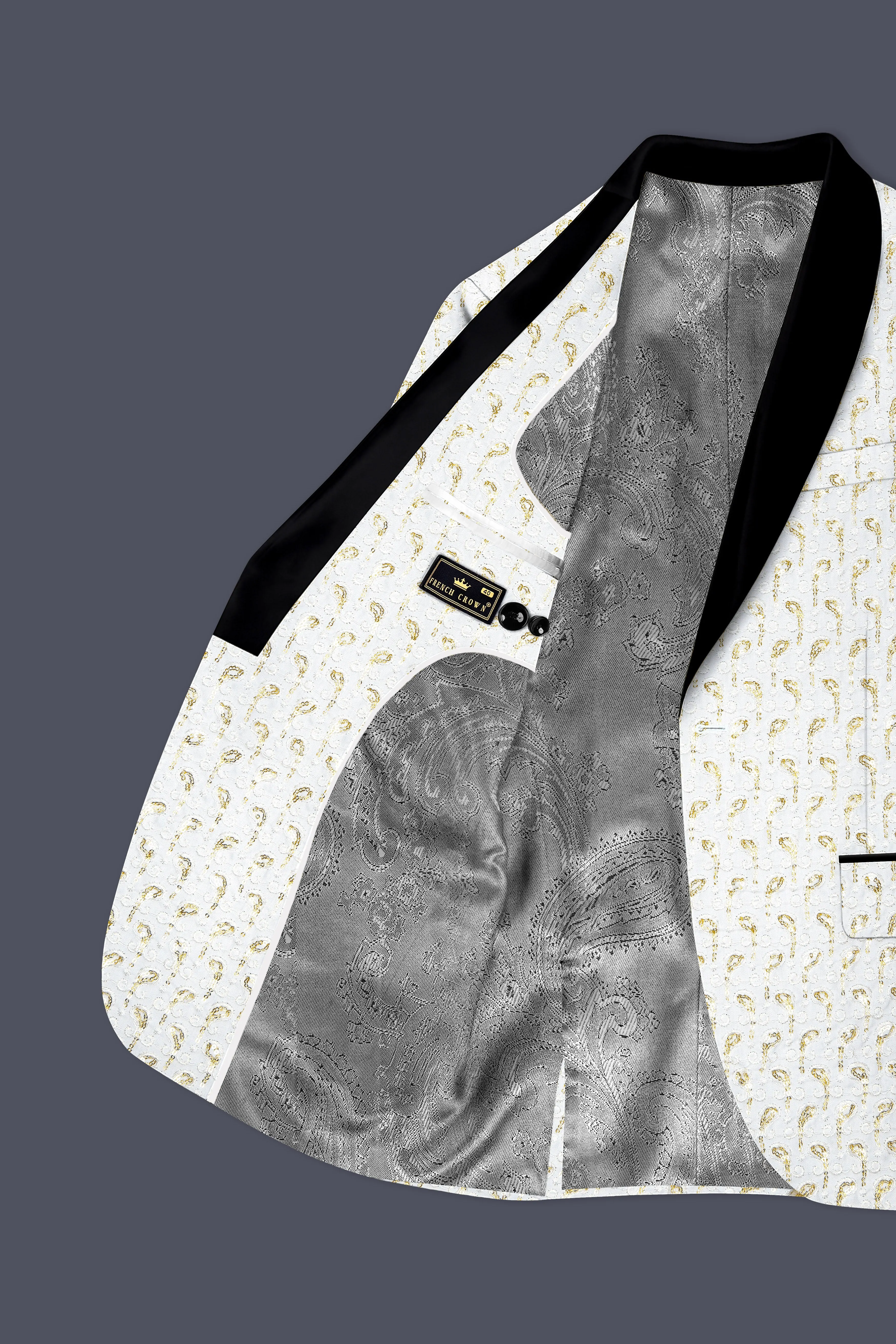Sequenza-Bright White Leaves Pattern Sequin Embroidered Viscose Designer Tuxedo Blazer sold by French Crown product image thumbnail 5