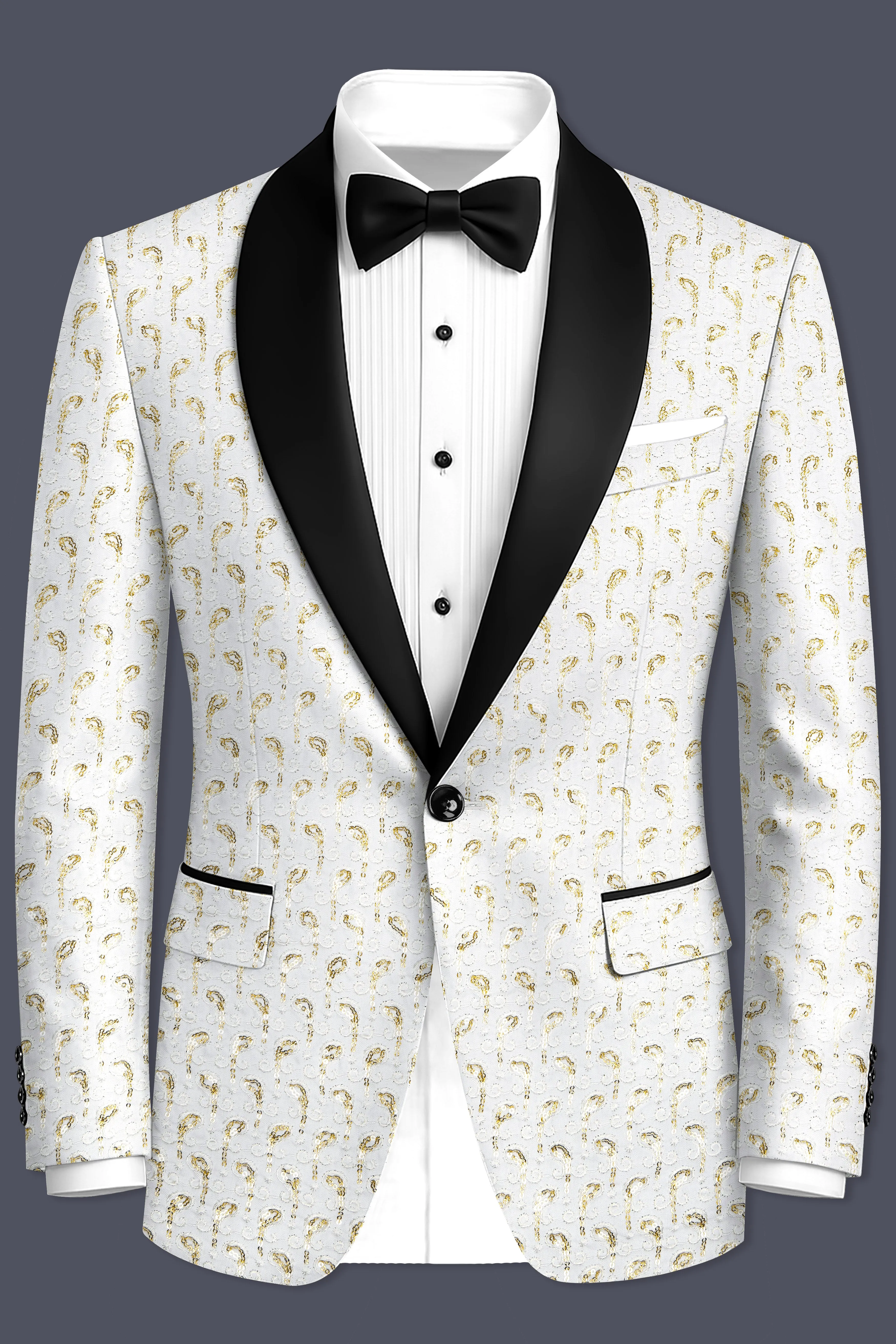 Sequenza-Bright White Leaves Pattern Sequin Embroidered Viscose Designer Tuxedo Blazer sold by French Crown product image thumbnail 2