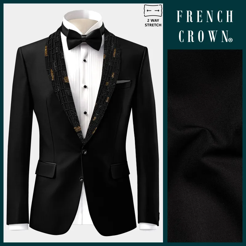 Jade Black Stretchable Wool Rich Tuxedo Designer Blazer made by French Crown
