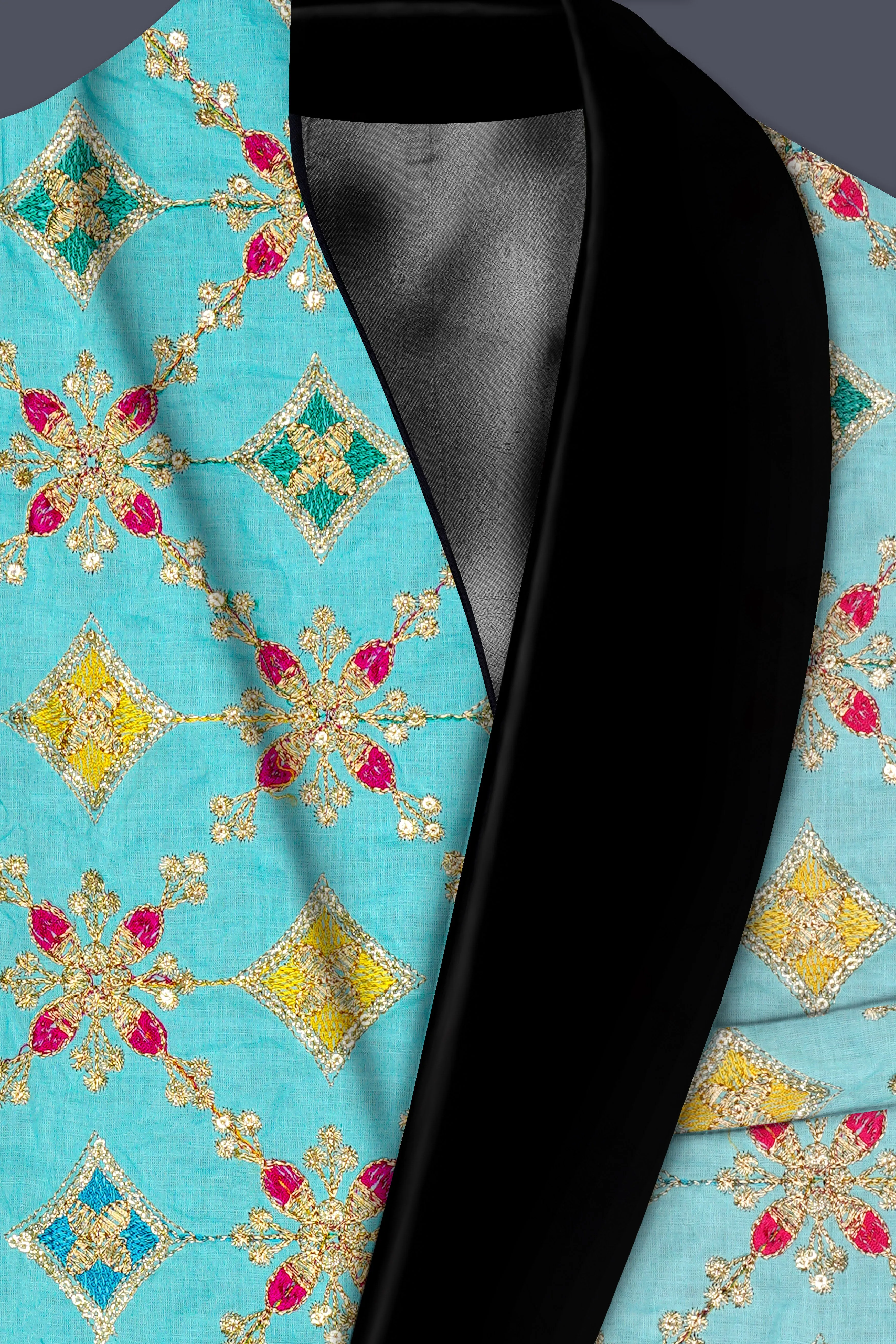 Floravio-Cyan Blue and Charm Pink Geometric Cotton Thread Embroidered Designer Tuxedo Suit sold by French Crown product image thumbnail 5