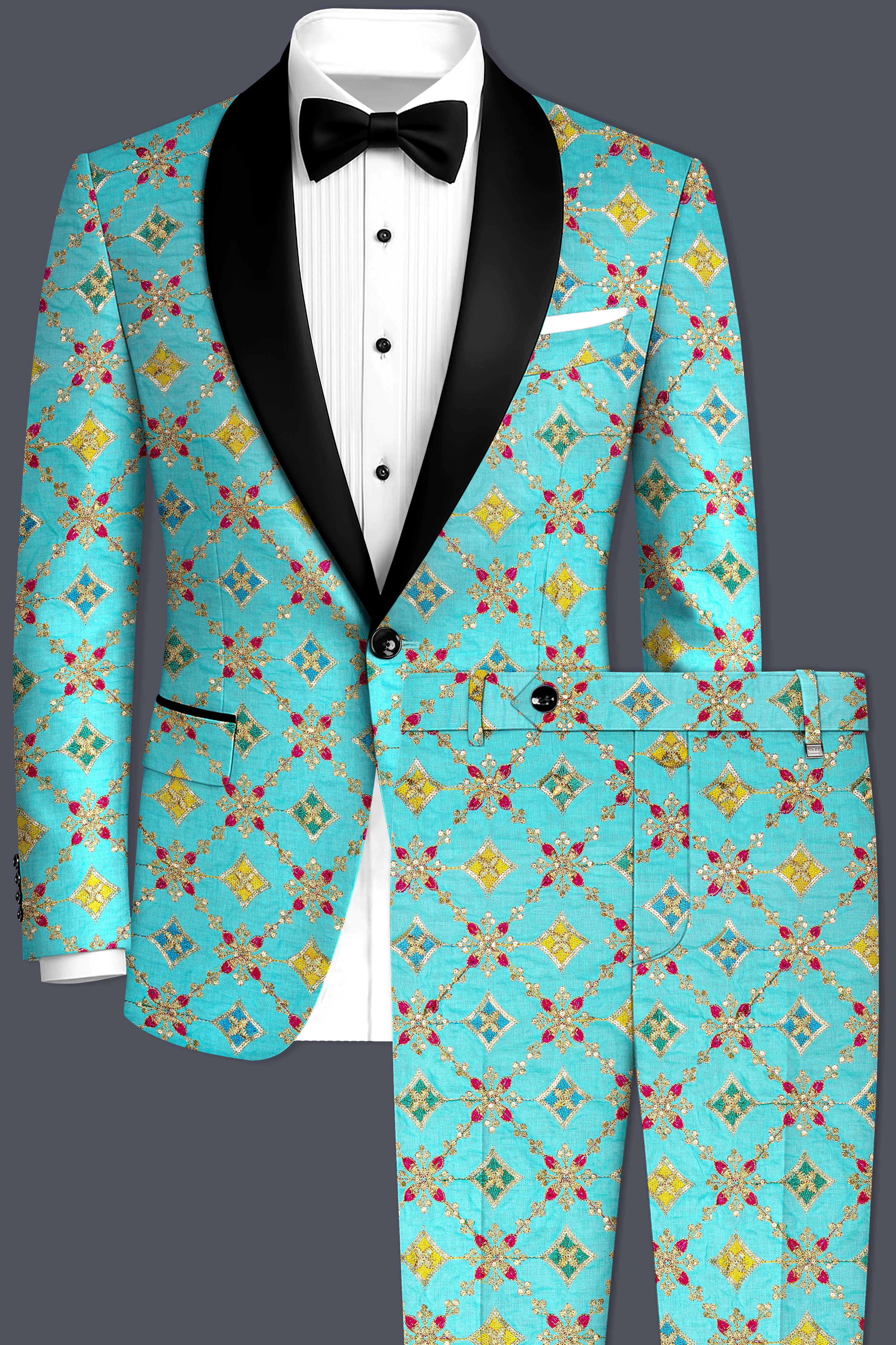 Floravio-Cyan Blue and Charm Pink Geometric Cotton Thread Embroidered Designer Tuxedo Suit sold by French Crown product image thumbnail 2