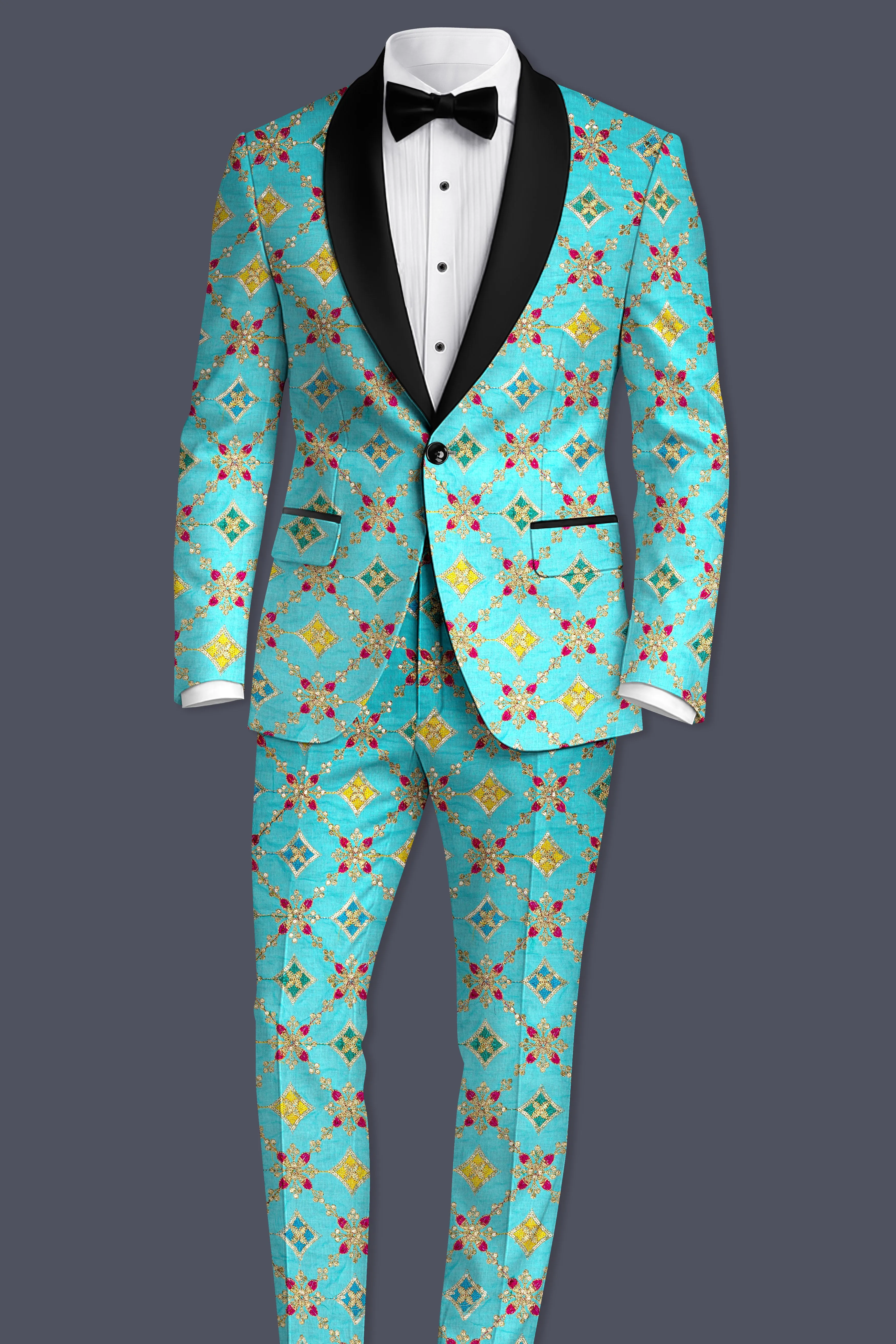 Floravio-Cyan Blue and Charm Pink Geometric Cotton Thread Embroidered Designer Tuxedo Suit sold by French Crown product image thumbnail 4
