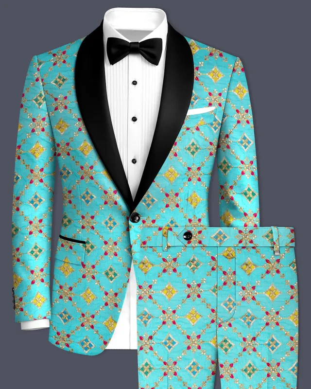 Floravio-Cyan Blue and Charm Pink Geometric Cotton Thread Embroidered Designer Tuxedo Suit made by French Crown