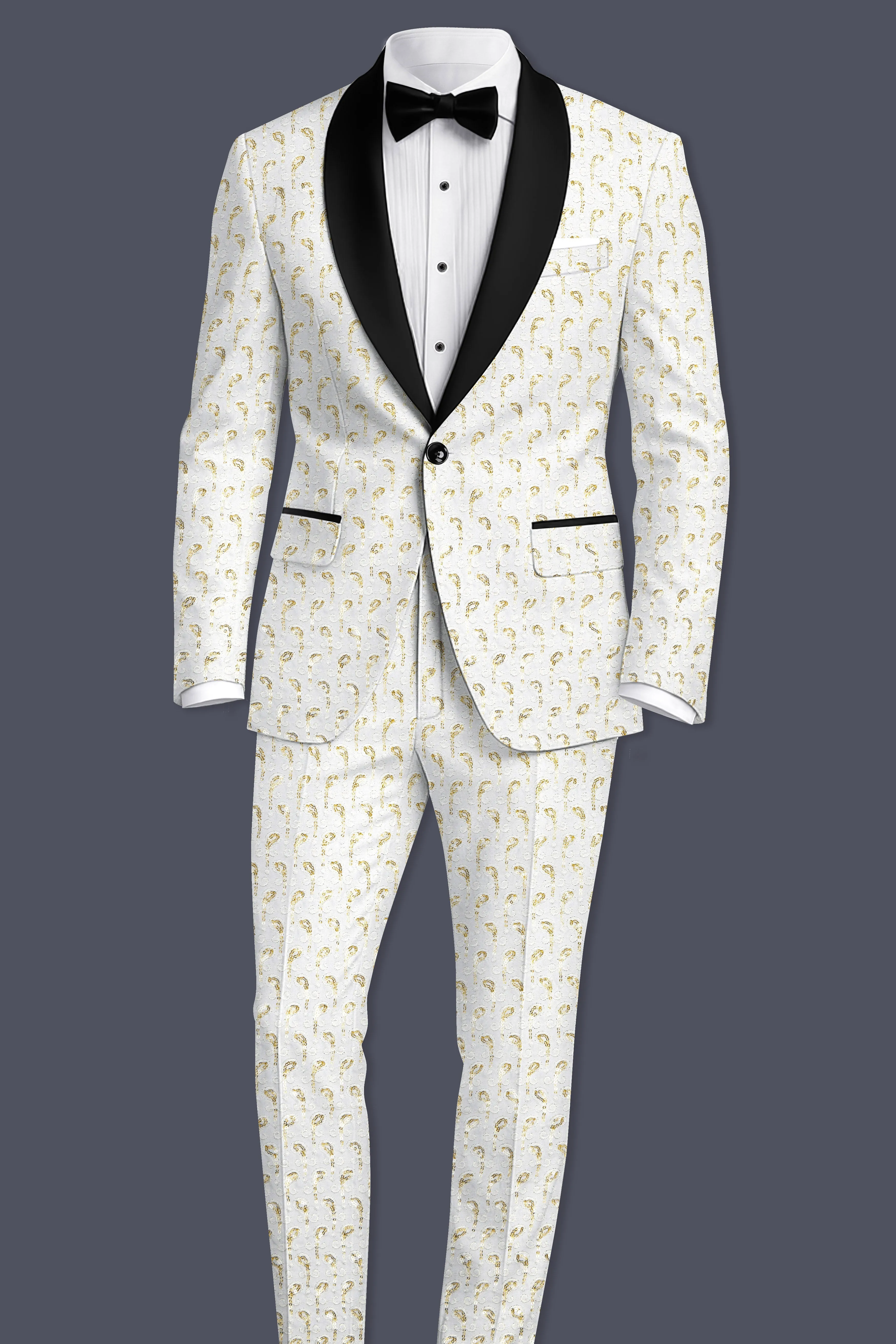 Sequenza-Bright White Leaves Pattern Sequin Embroidered Viscose Designer Tuxedo Suit sold by French Crown product image thumbnail 4