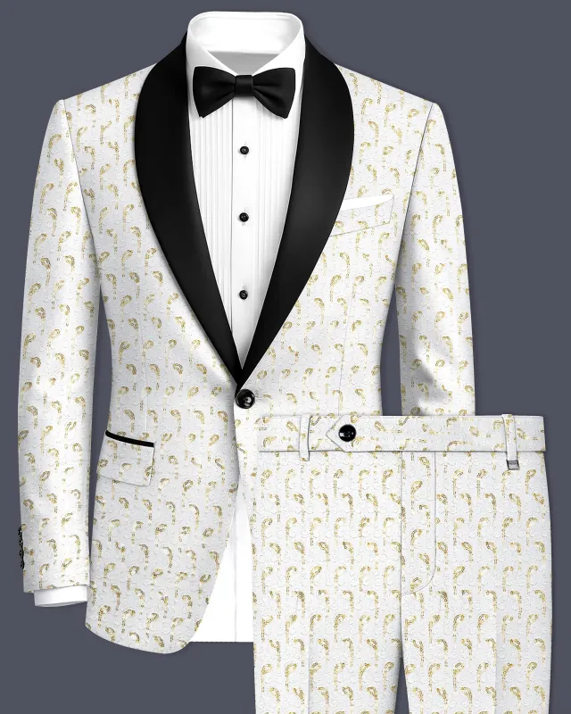Sequenza-Bright White Leaves Pattern Sequin Embroidered Viscose Designer Tuxedo Suit made by French Crown