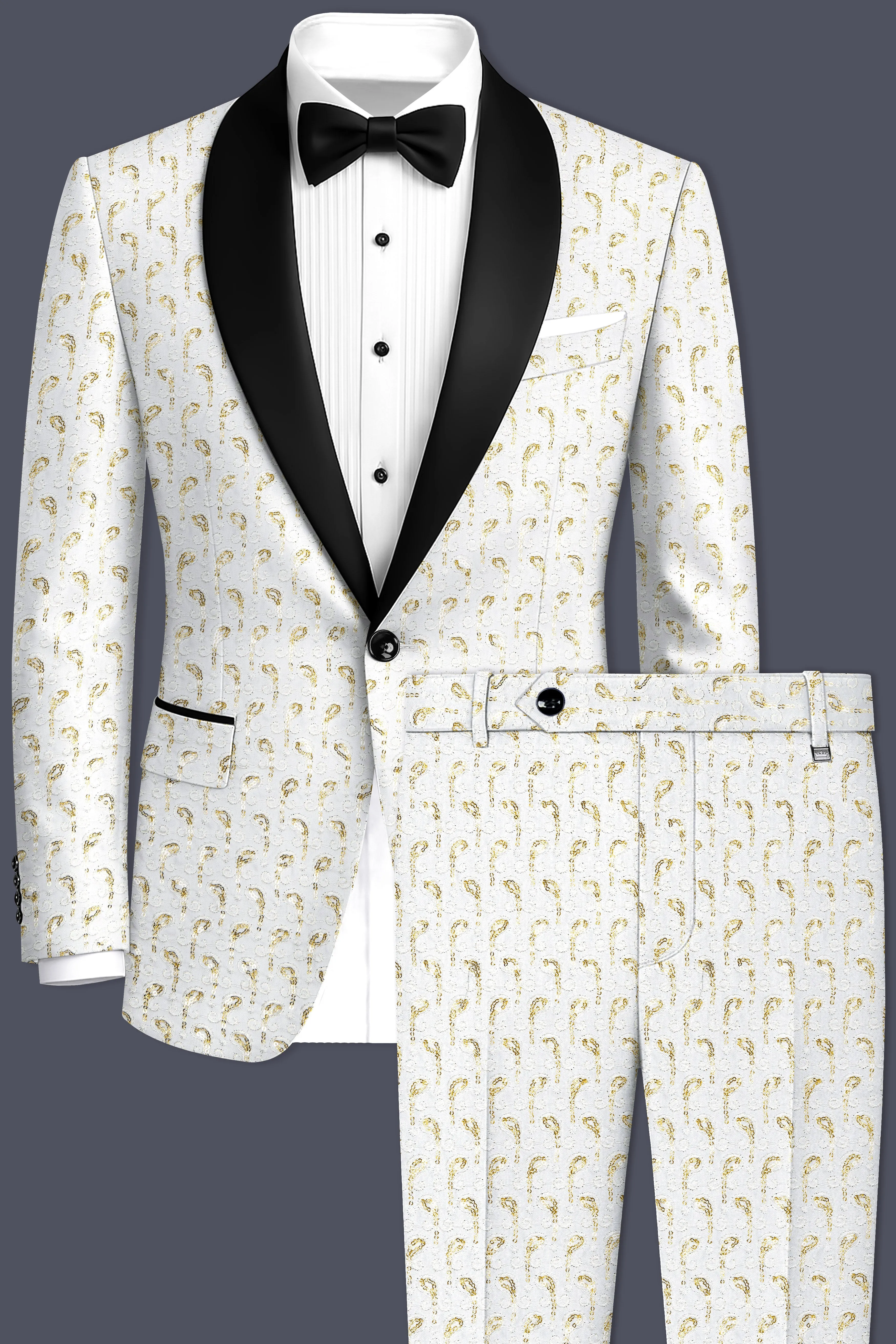 Sequenza-Bright White Leaves Pattern Sequin Embroidered Viscose Designer Tuxedo Suit sold by French Crown product image thumbnail 2