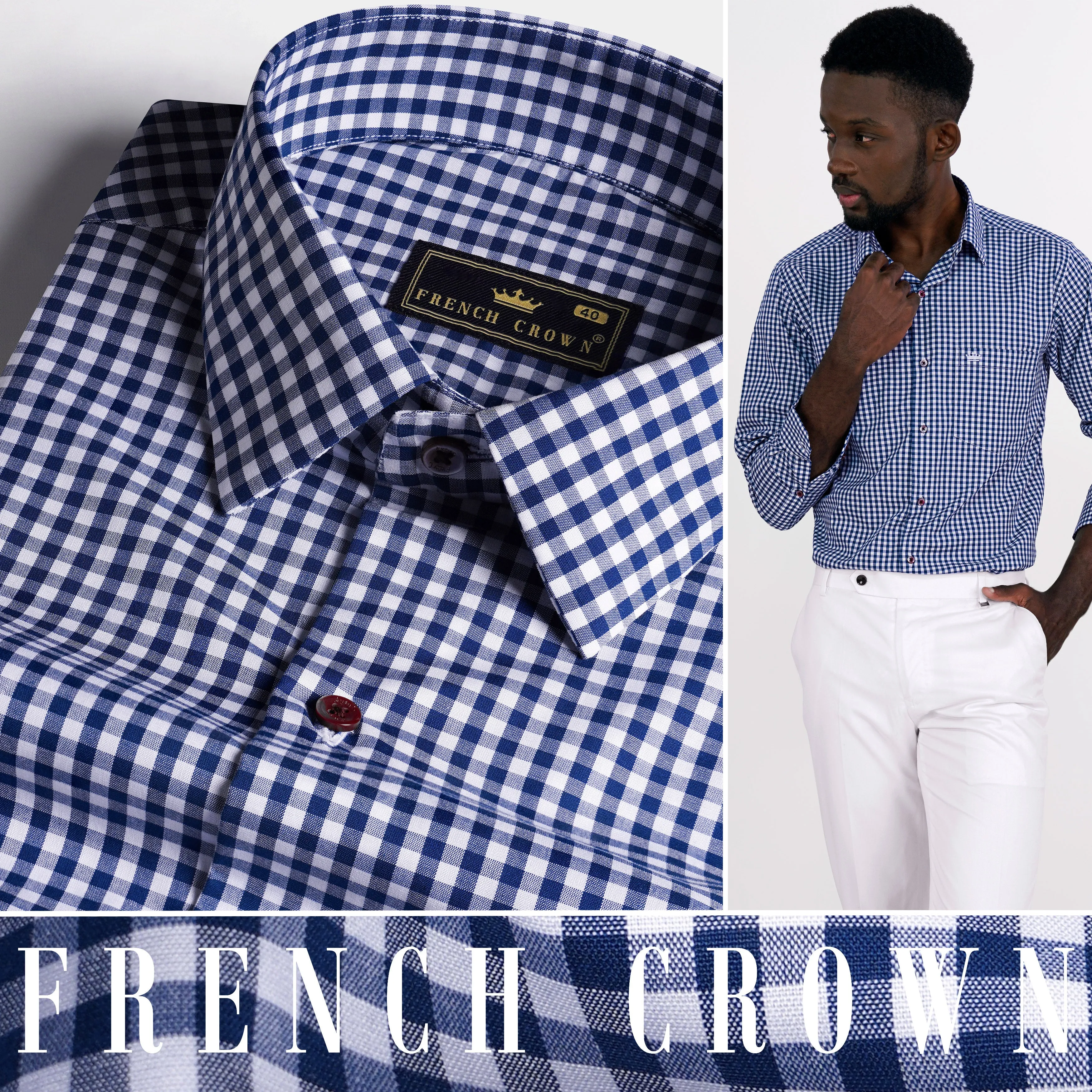 Bright White and Biscay Blue Gingham Checkered Premium Cotton Shirt sold by French Crown product image thumbnail 4